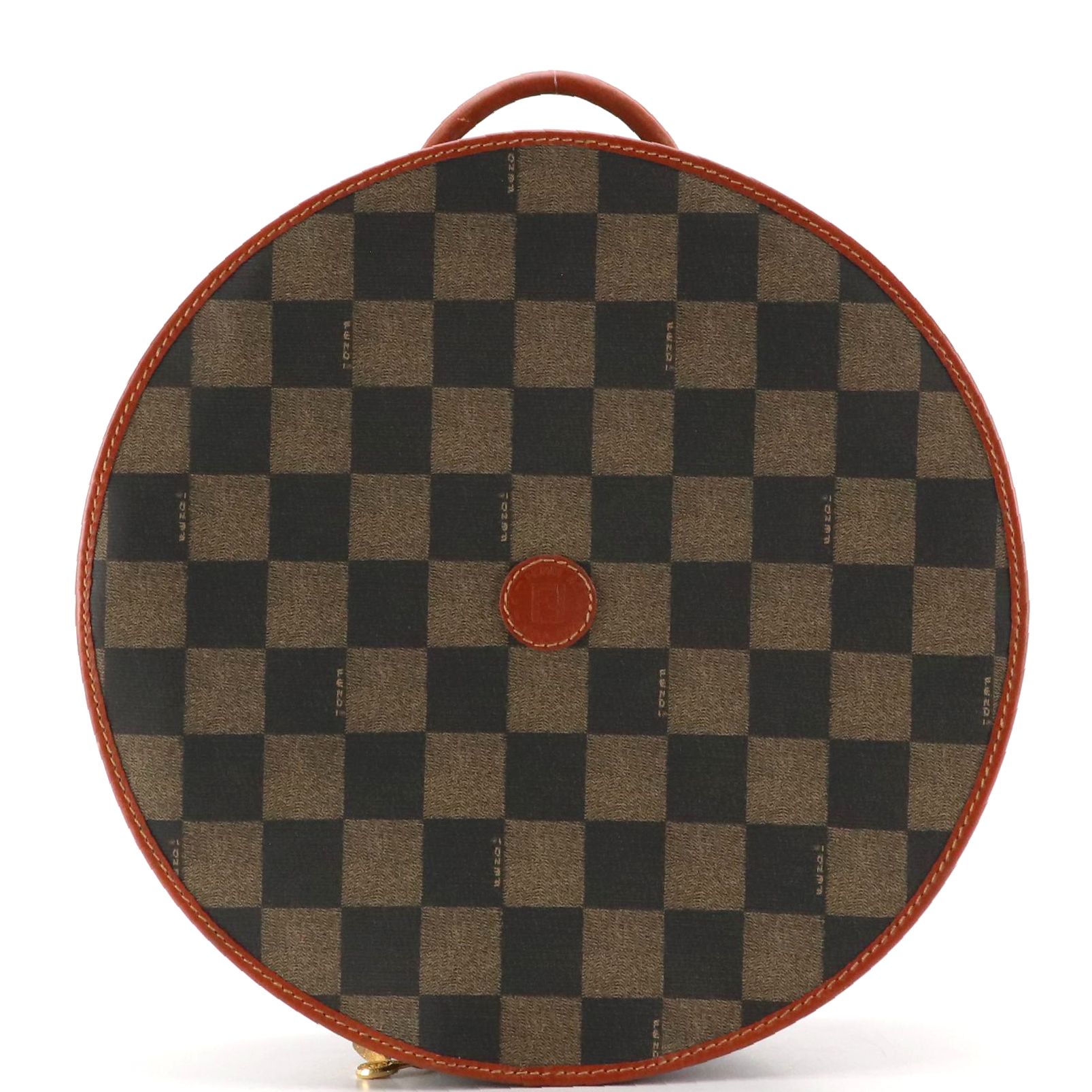 Fendi Vintage Large Round Travel Vanity Case in Checkered Canvas & Leather Trim
