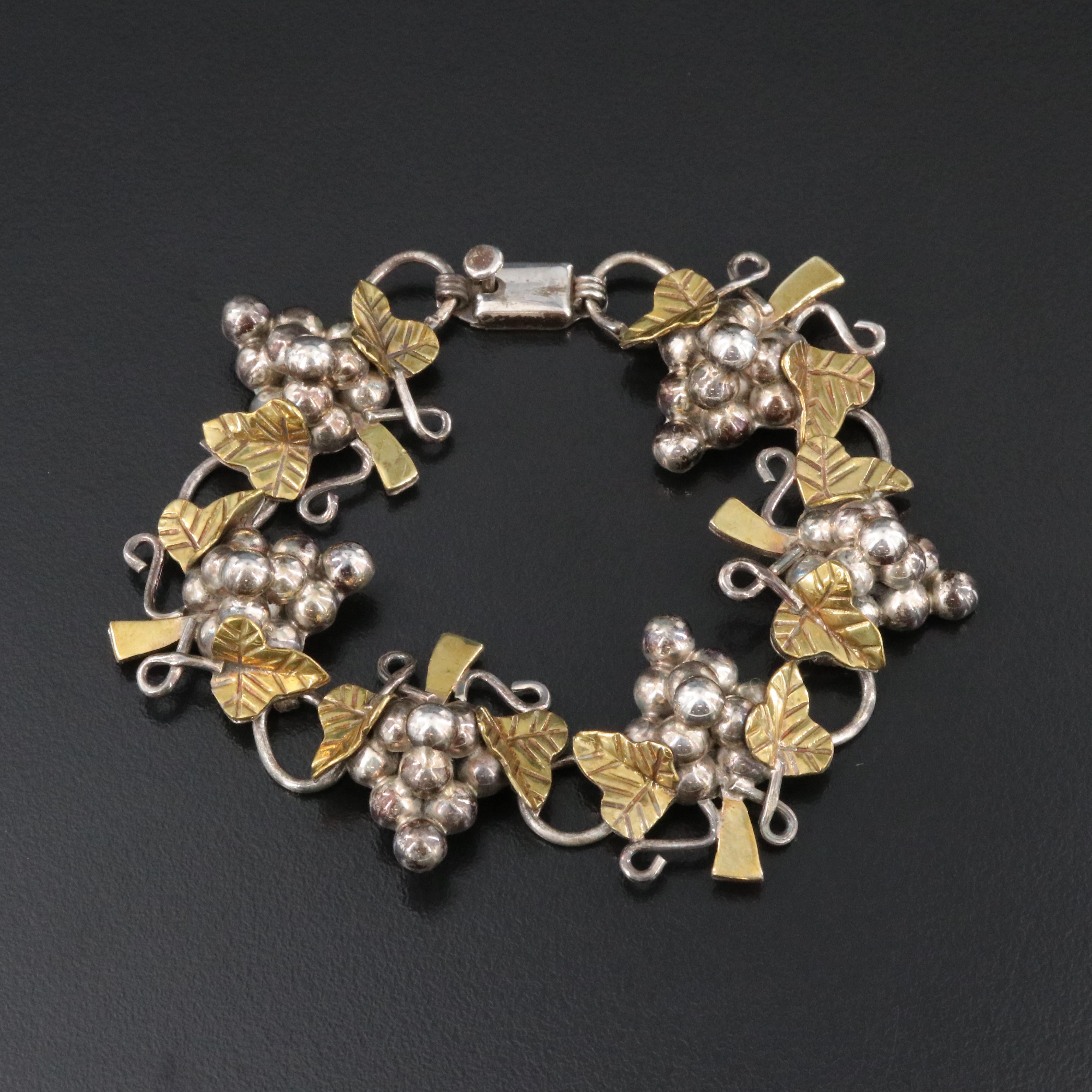 Mexican Sterling Grape Bracelet with Brass Accents