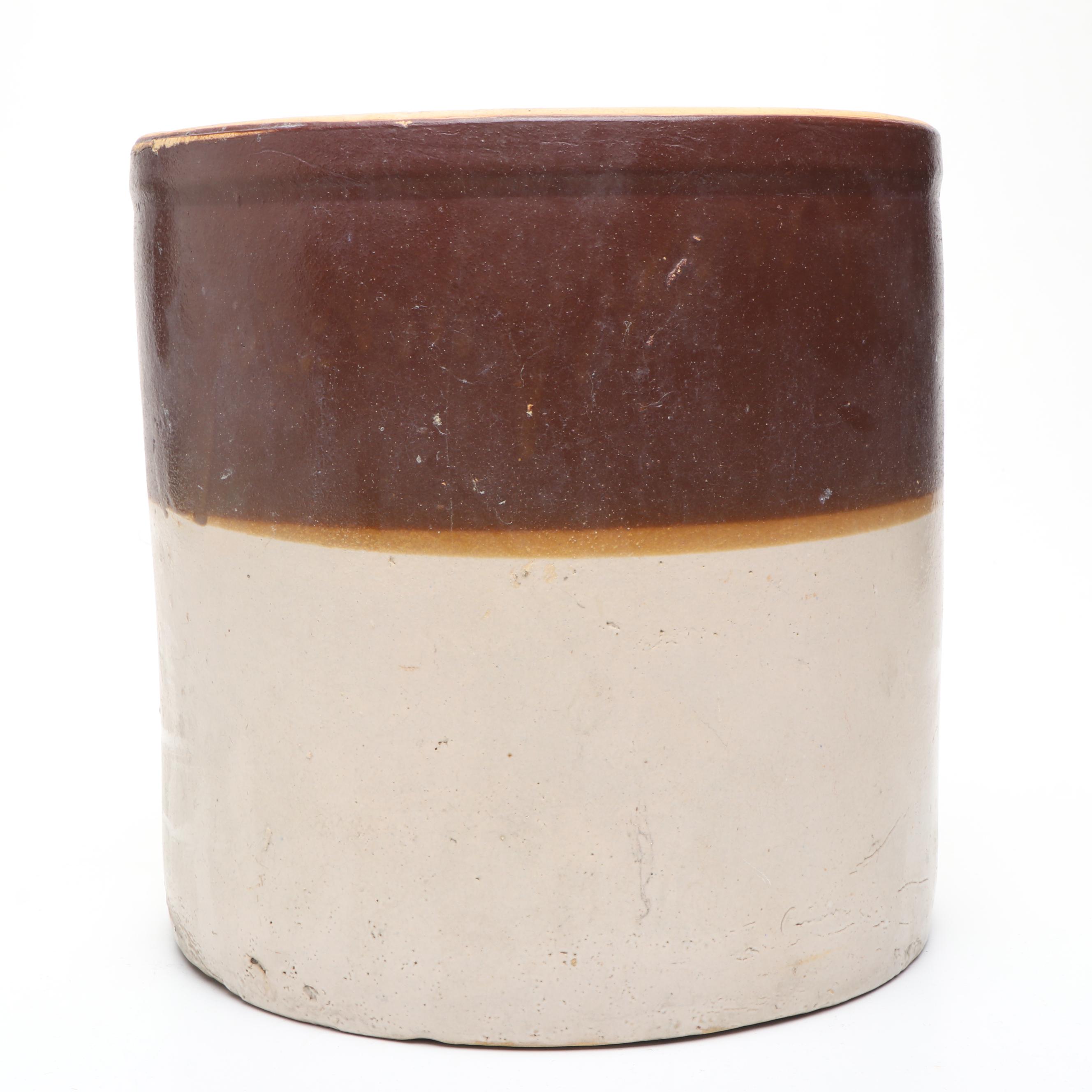 Brown over Tan Stoneware Crock