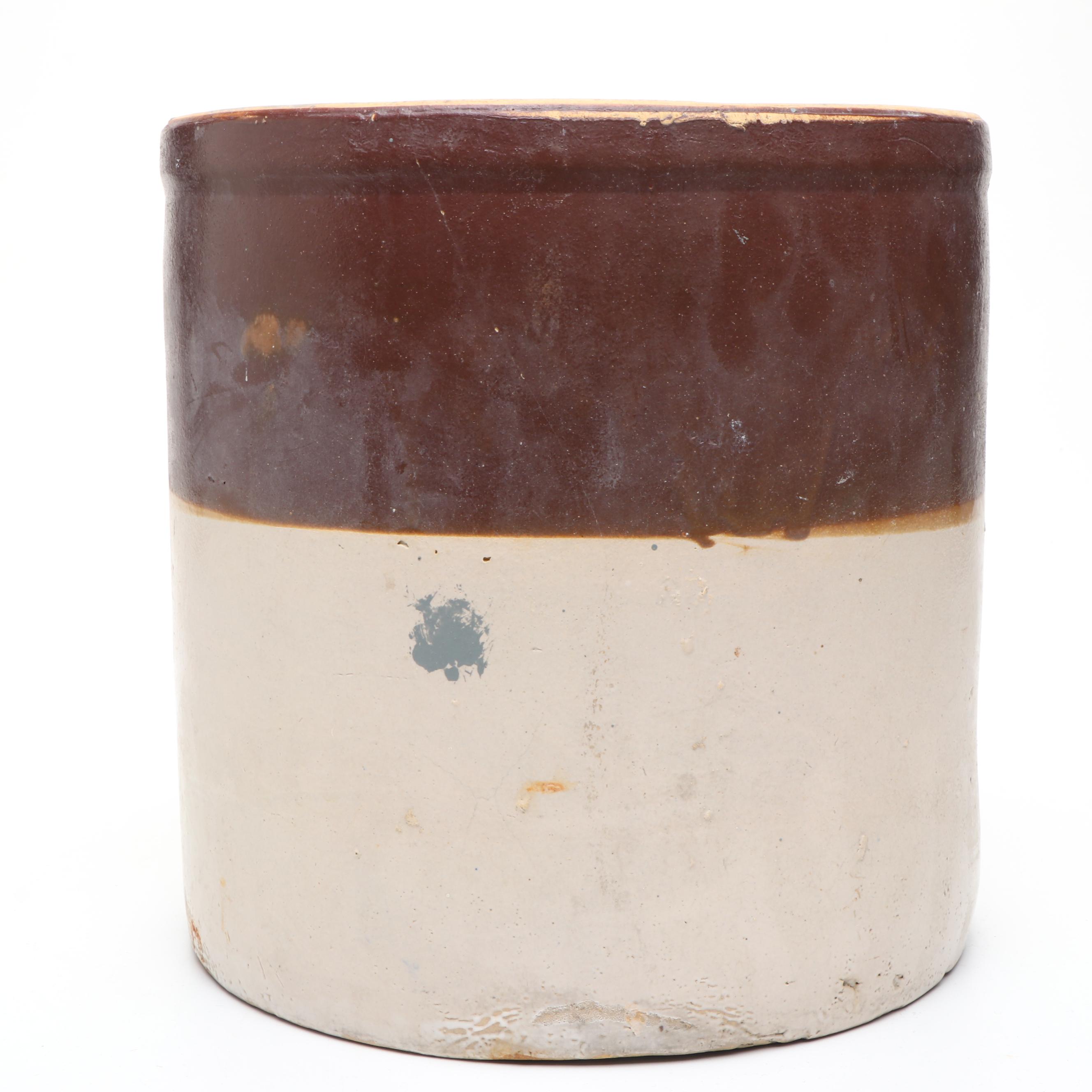 Brown over Tan Stoneware Crock
