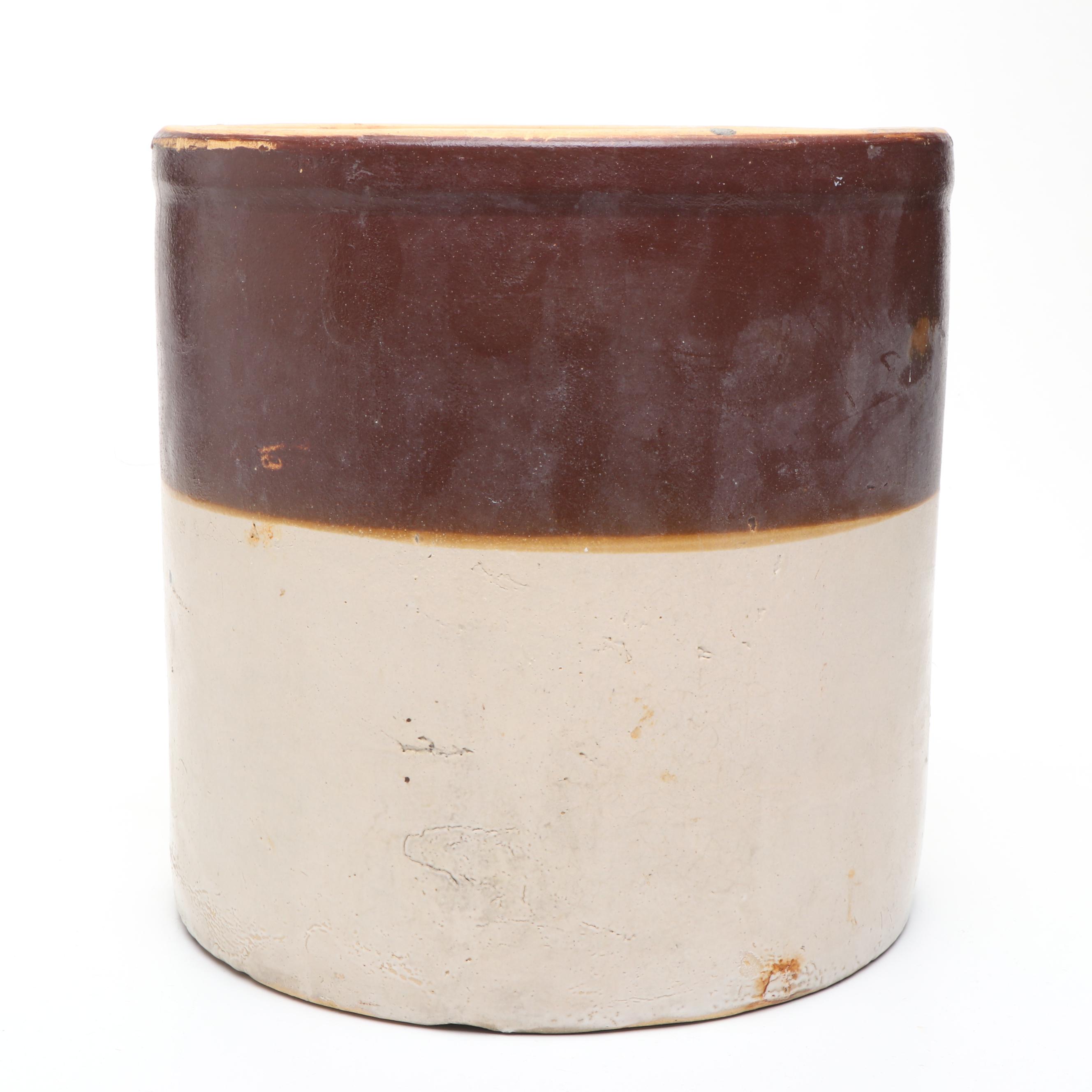 Brown over Tan Stoneware Crock