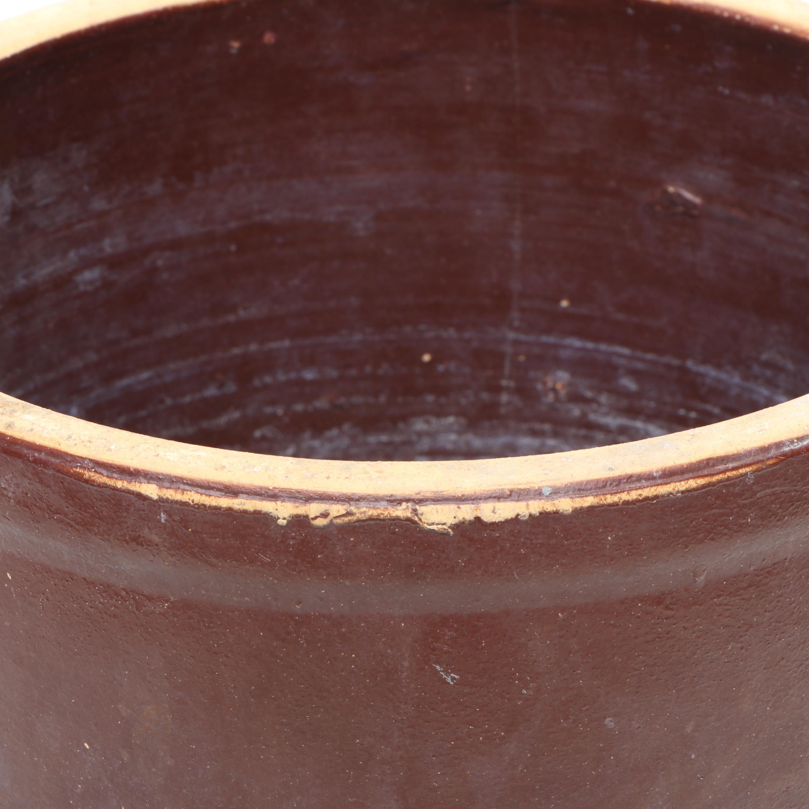 Brown over Tan Stoneware Crock