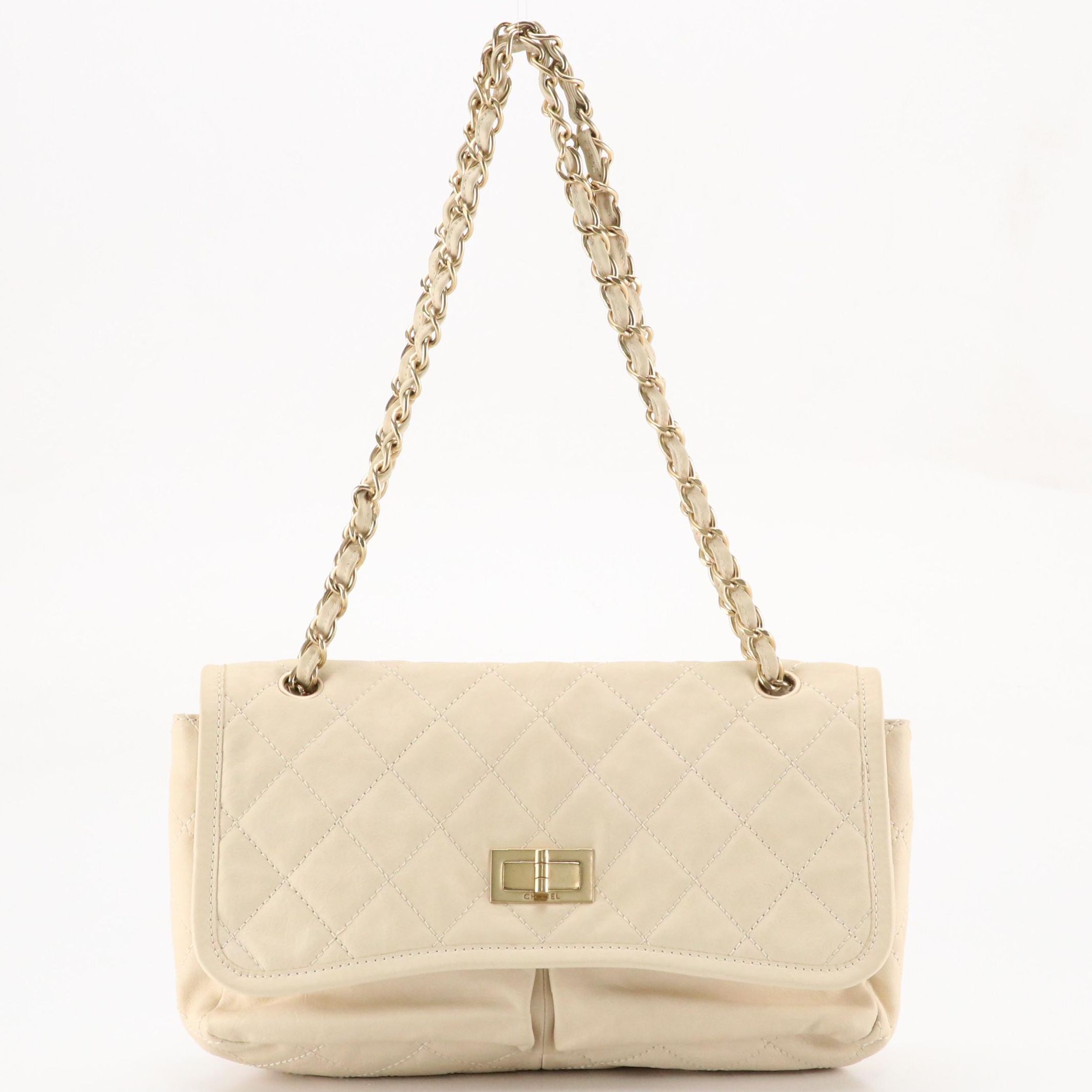 Chanel Double-Pocket Flap Bag in Ivory Quilted Calf Leather