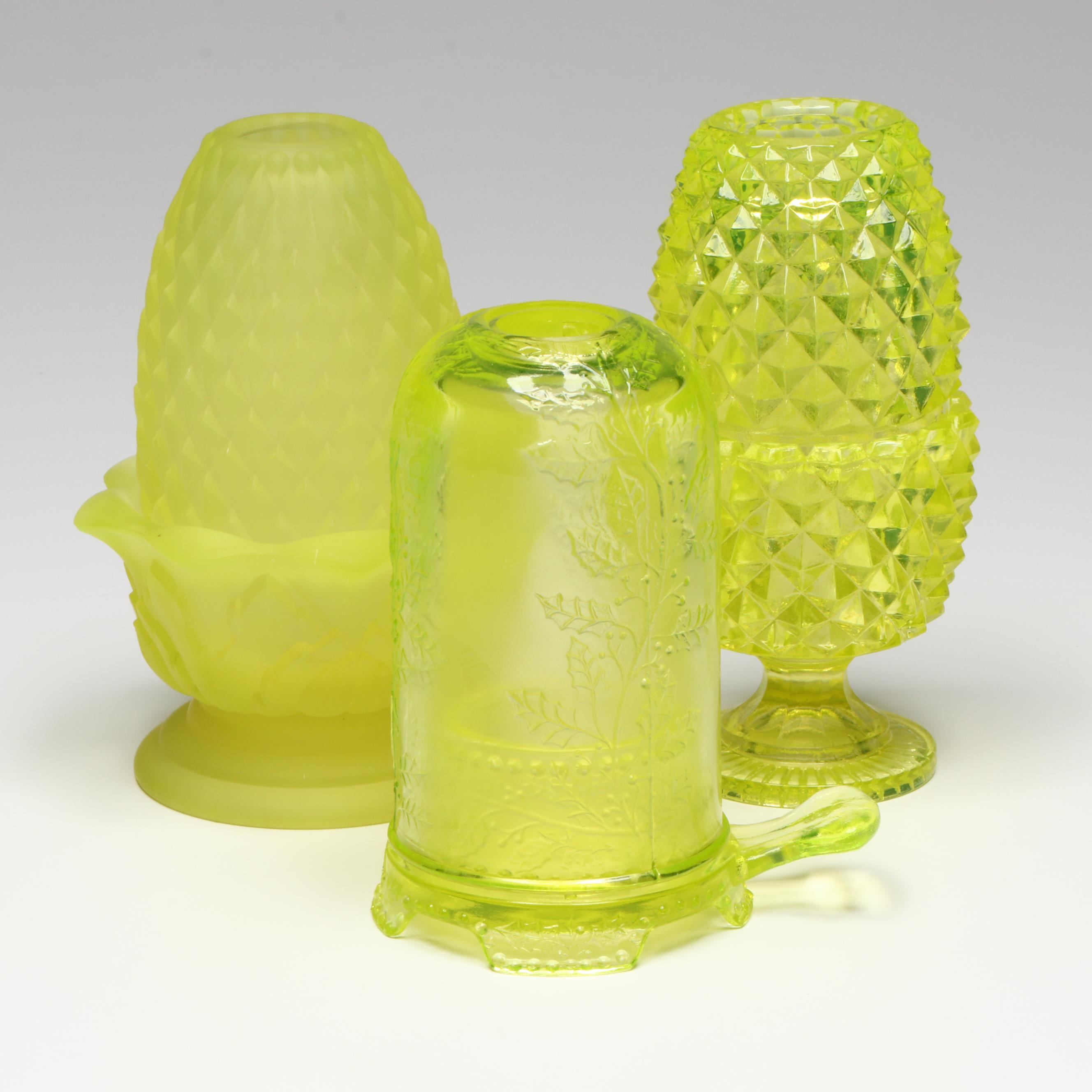 Mosser and Petite Choses Vaseline Glass Fairy Lamps with Other Pineapple Lamp