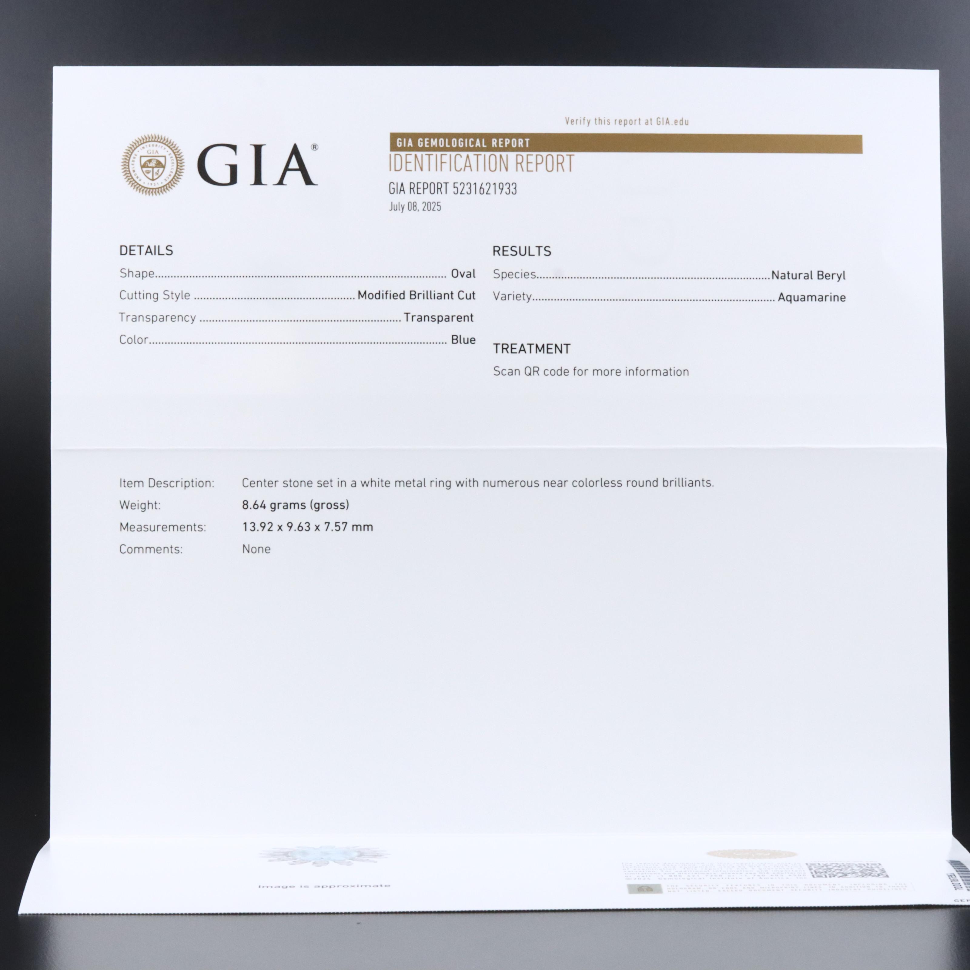 14K 6.09 CT Aquamarine and 1.12 CTW Diamond Ring with GIA Report