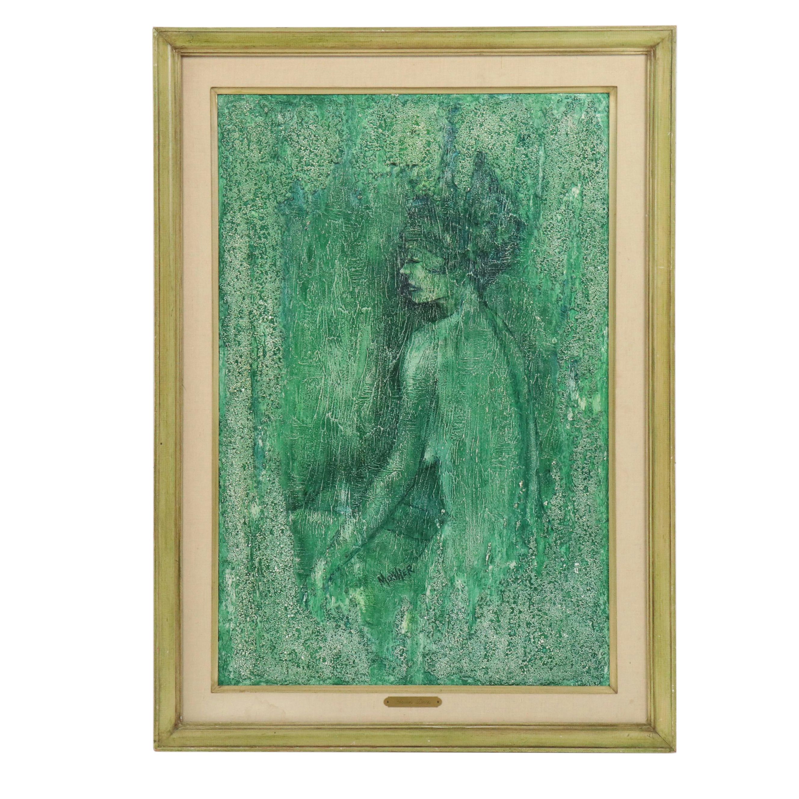 Figural Mixed Media Portrait of Seated Nude "Green Deep"