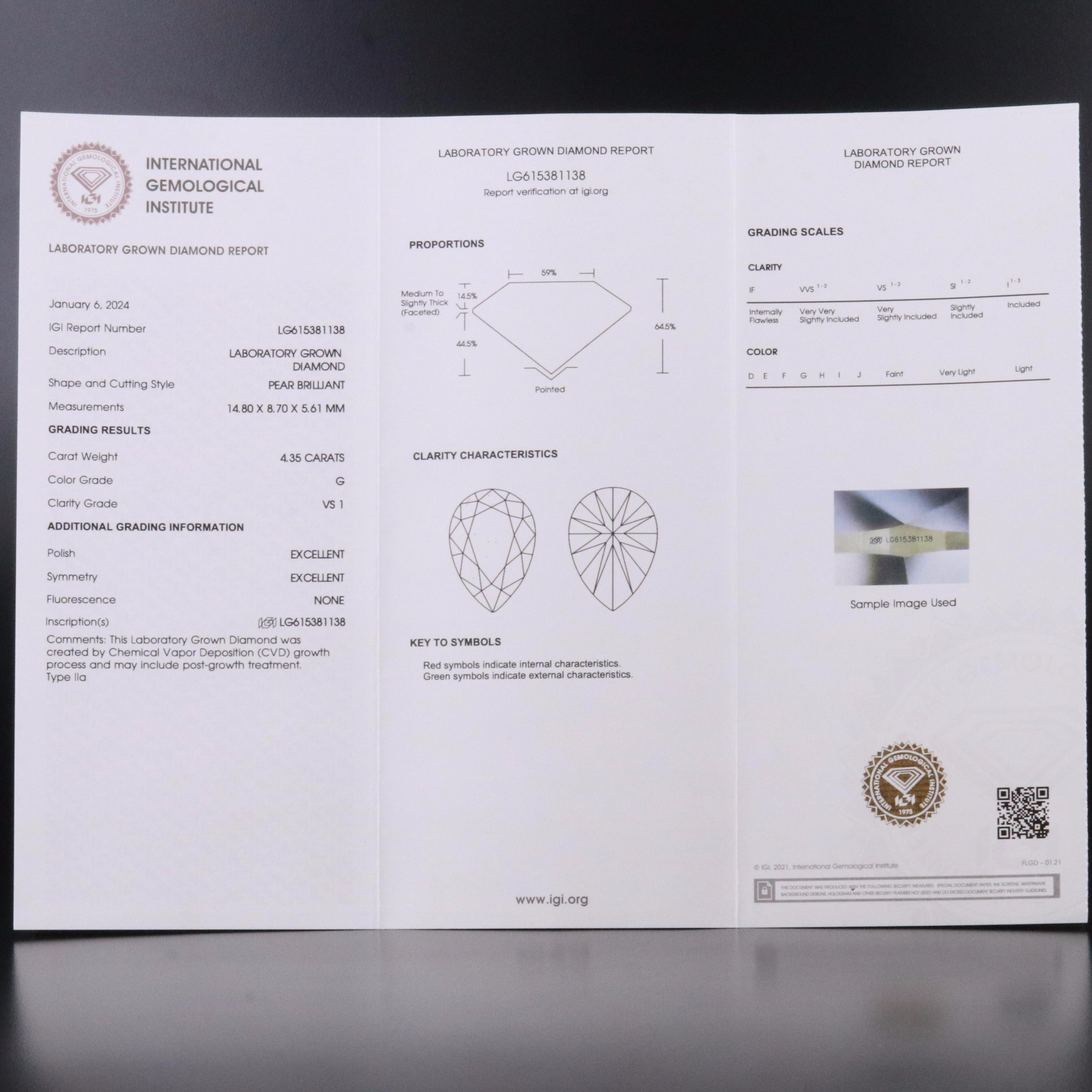 14K 4.35 CT Lab Grown Diamond Solitaire Pendant Necklace with IGI Report