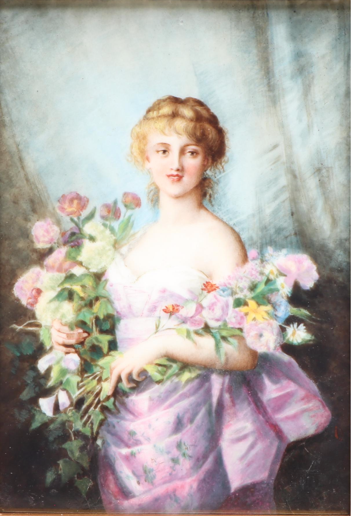 European Portrait of Woman Holding Bouquets Porcelain Tile in Wood Frame