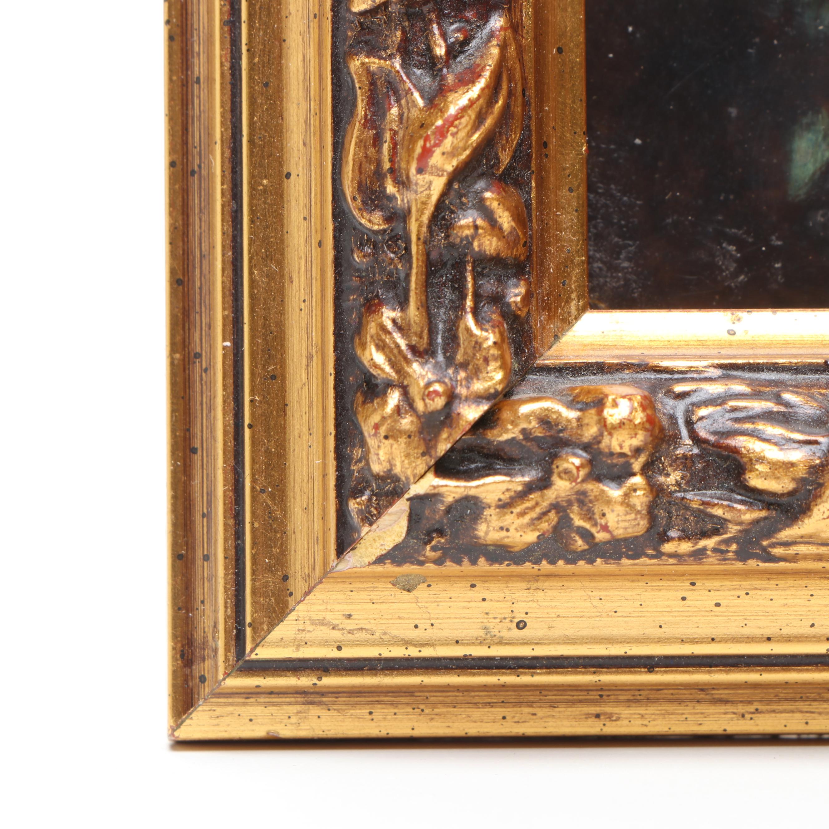 European Portrait of Woman Holding Bouquets Porcelain Tile in Wood Frame