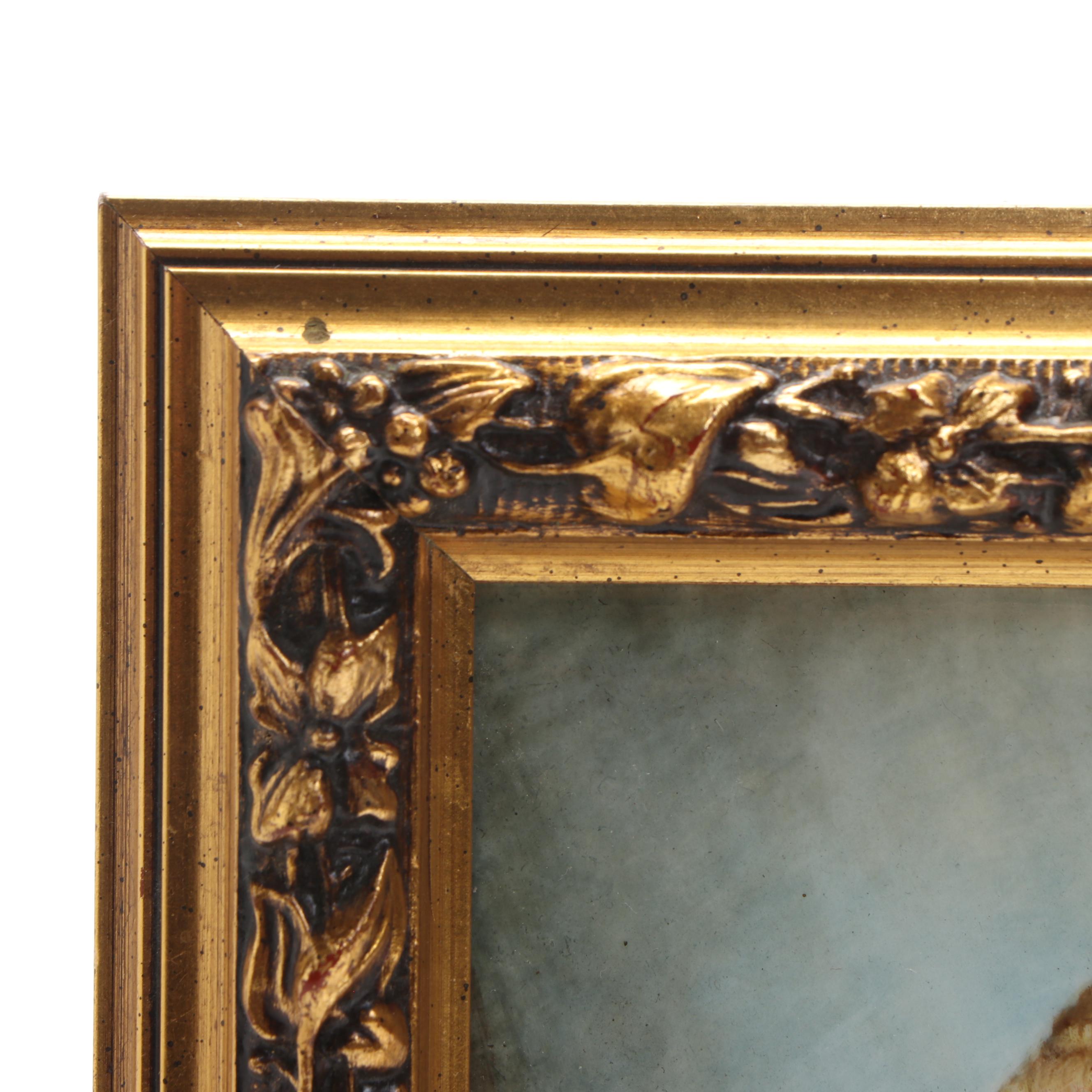 European Portrait of Woman Holding Bouquets Porcelain Tile in Wood Frame