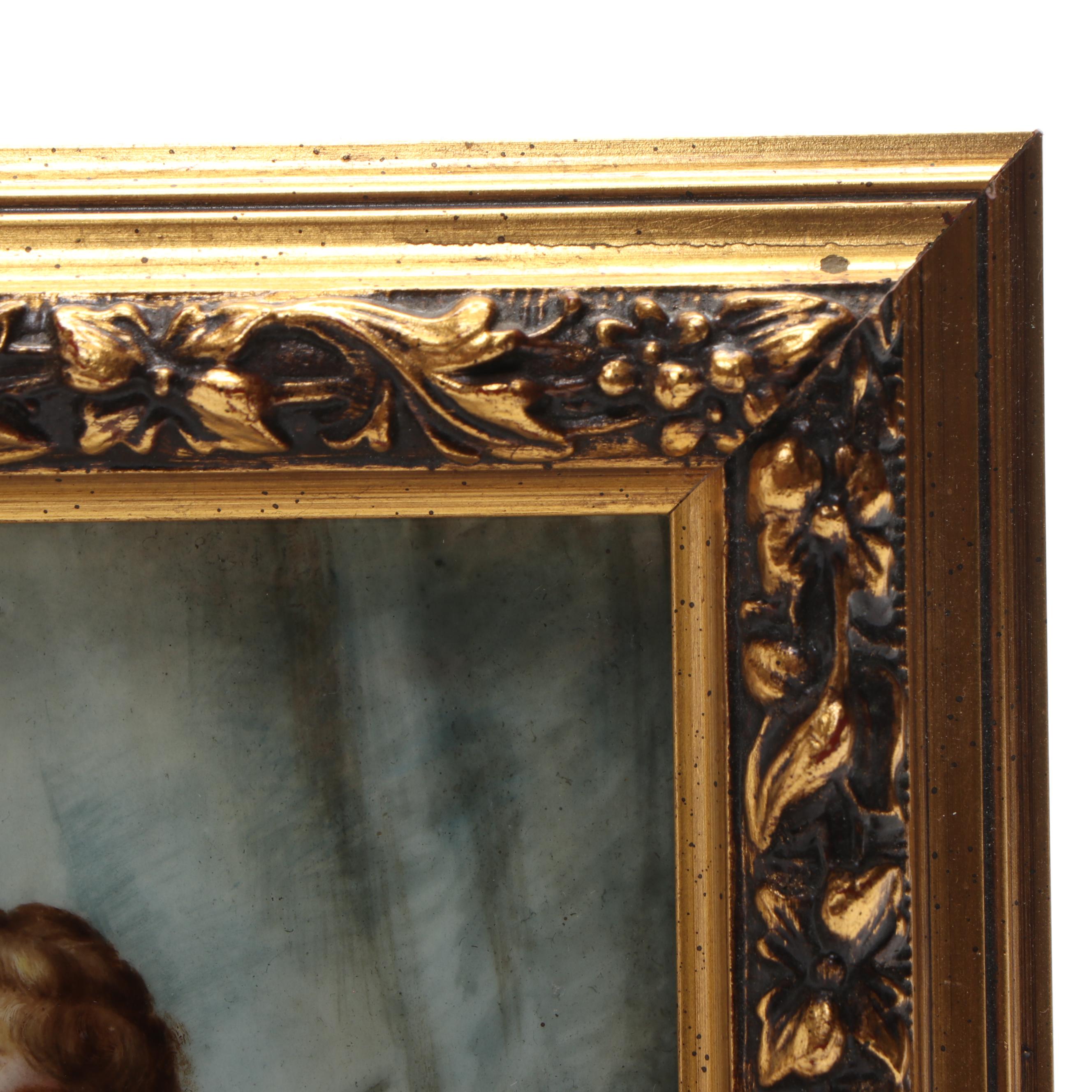 European Portrait of Woman Holding Bouquets Porcelain Tile in Wood Frame