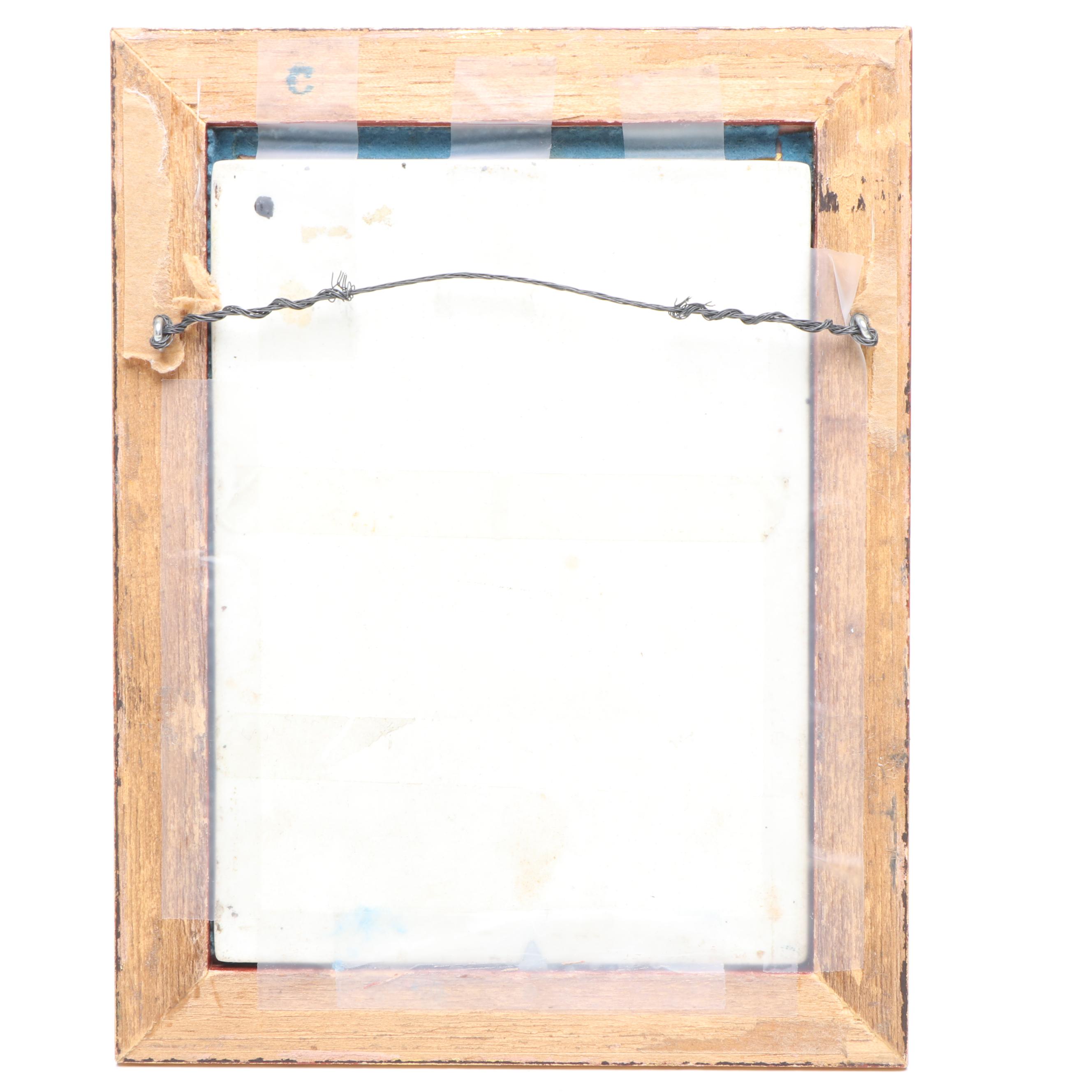 European Portrait of Woman Holding Bouquets Porcelain Tile in Wood Frame