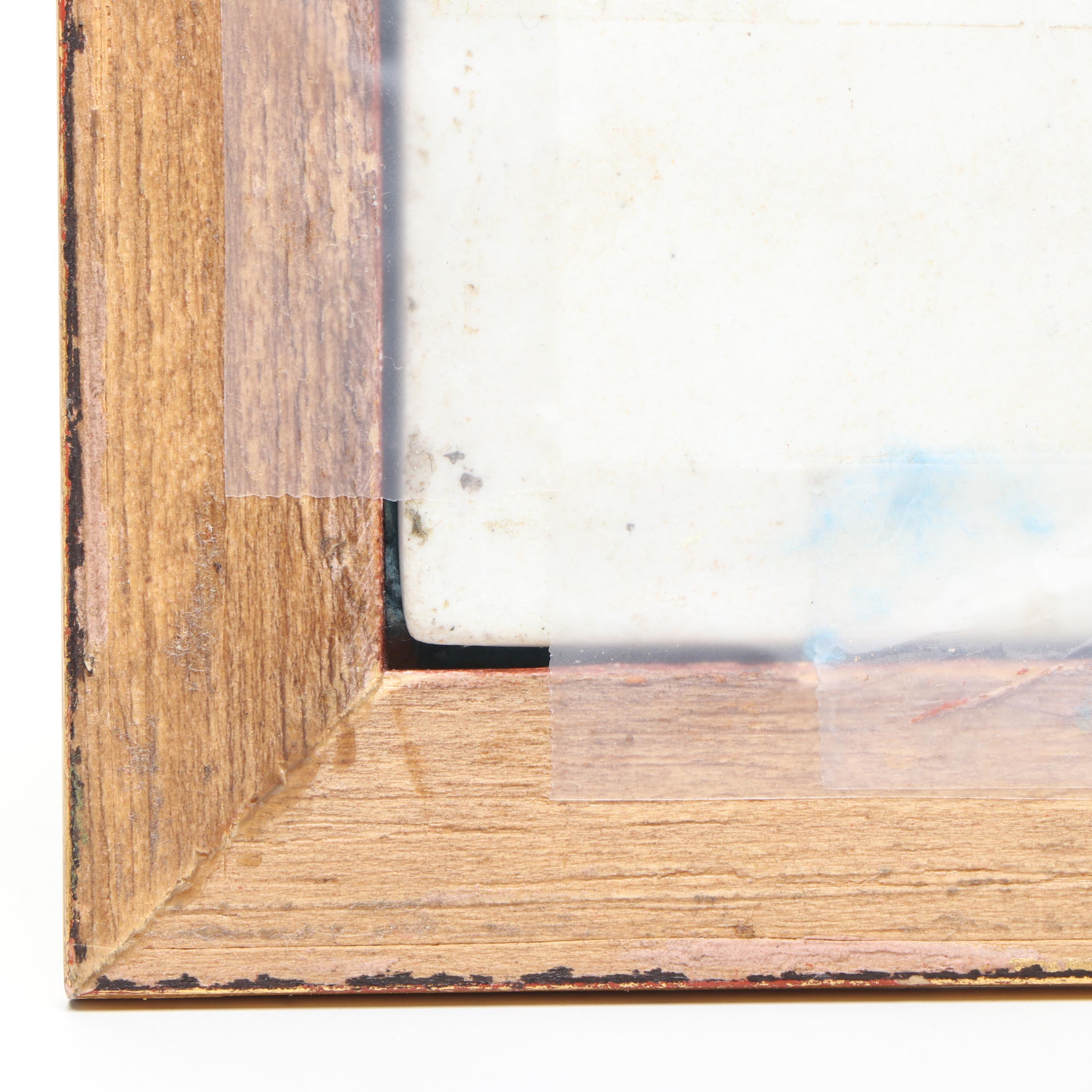 European Portrait of Woman Holding Bouquets Porcelain Tile in Wood Frame