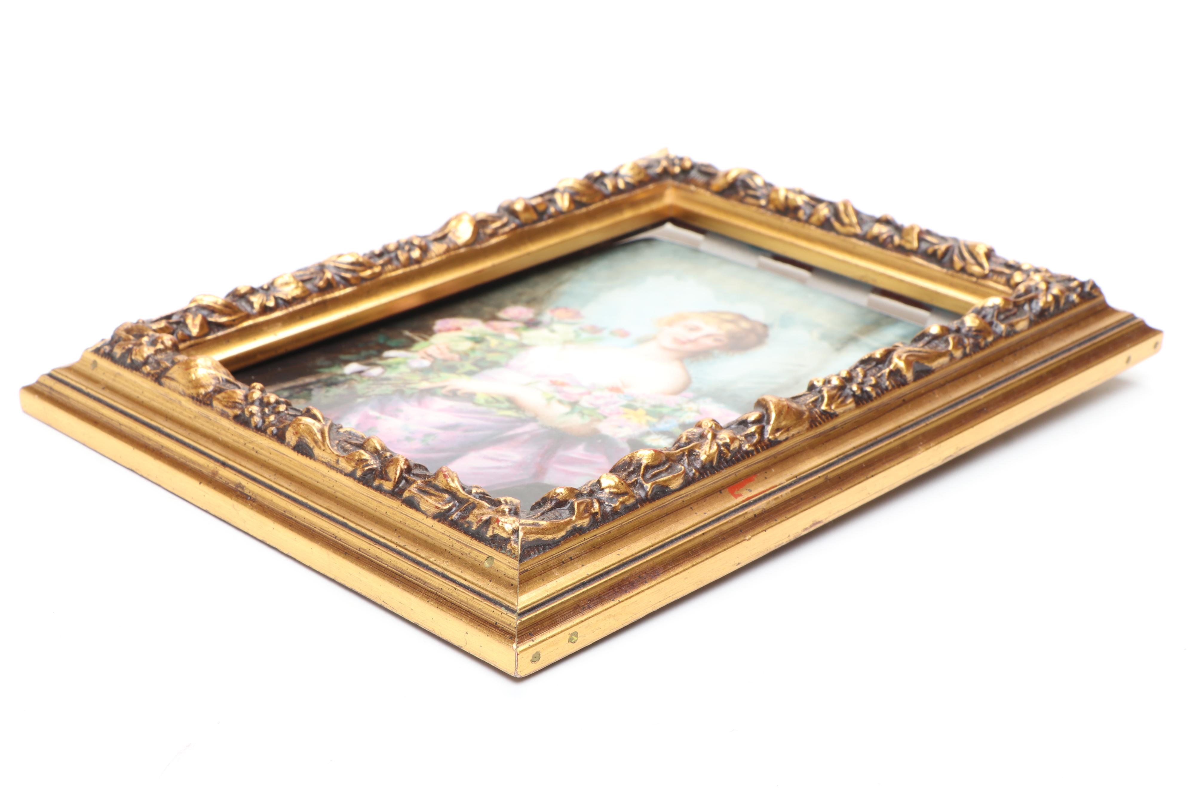 European Portrait of Woman Holding Bouquets Porcelain Tile in Wood Frame
