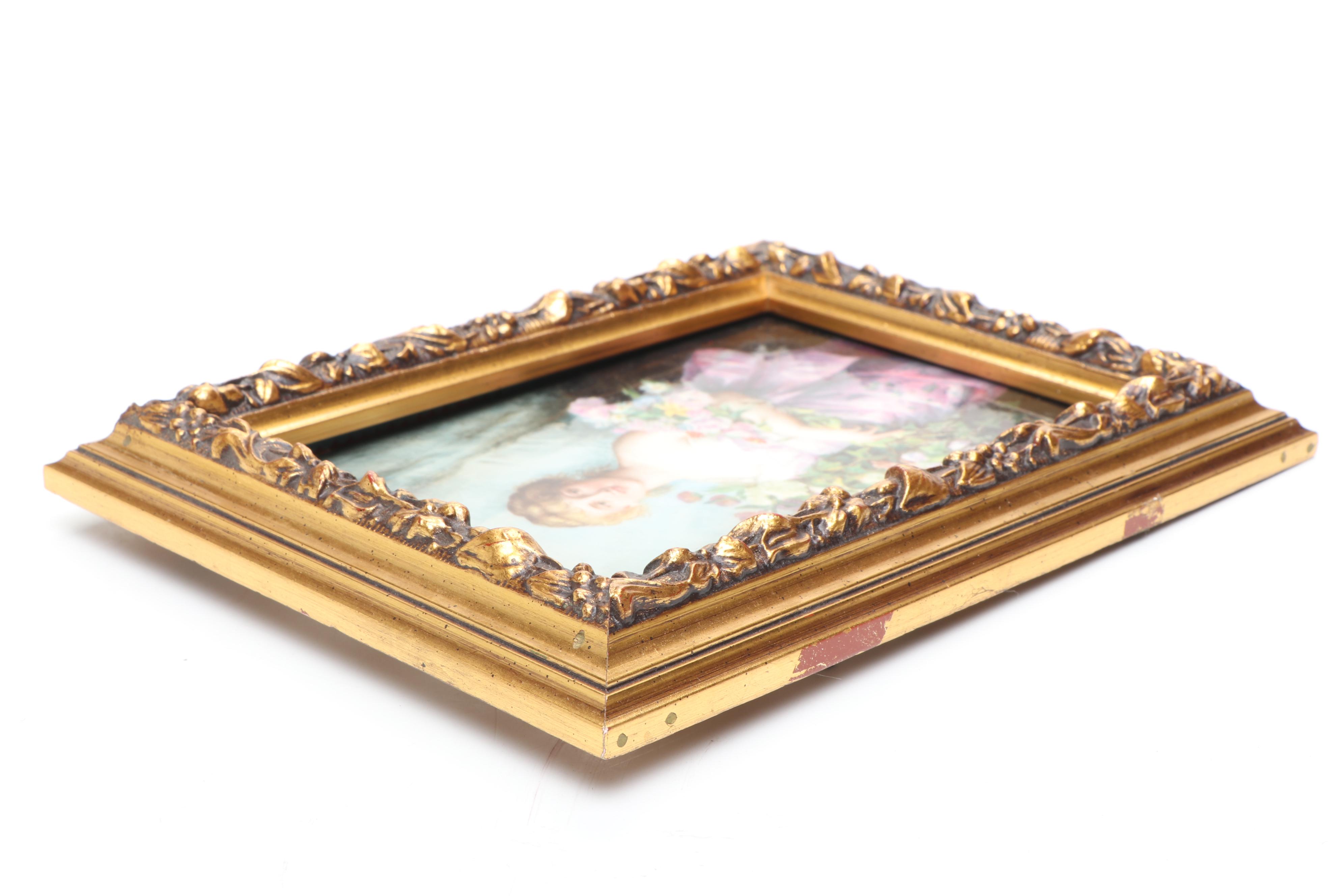 European Portrait of Woman Holding Bouquets Porcelain Tile in Wood Frame