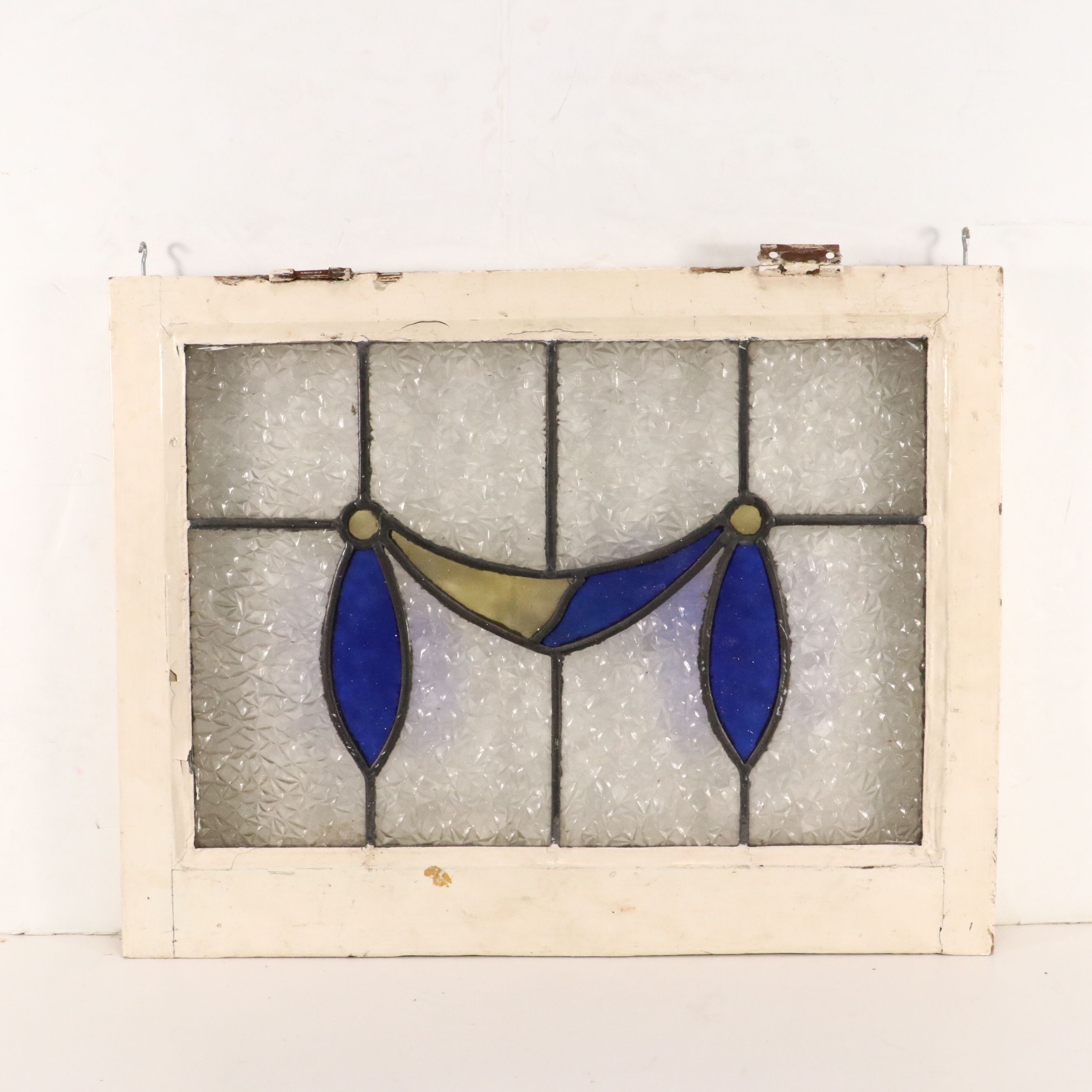 Framed Arts & Crafts Style Blue and Yellow Swag Stained Glass Window Panel