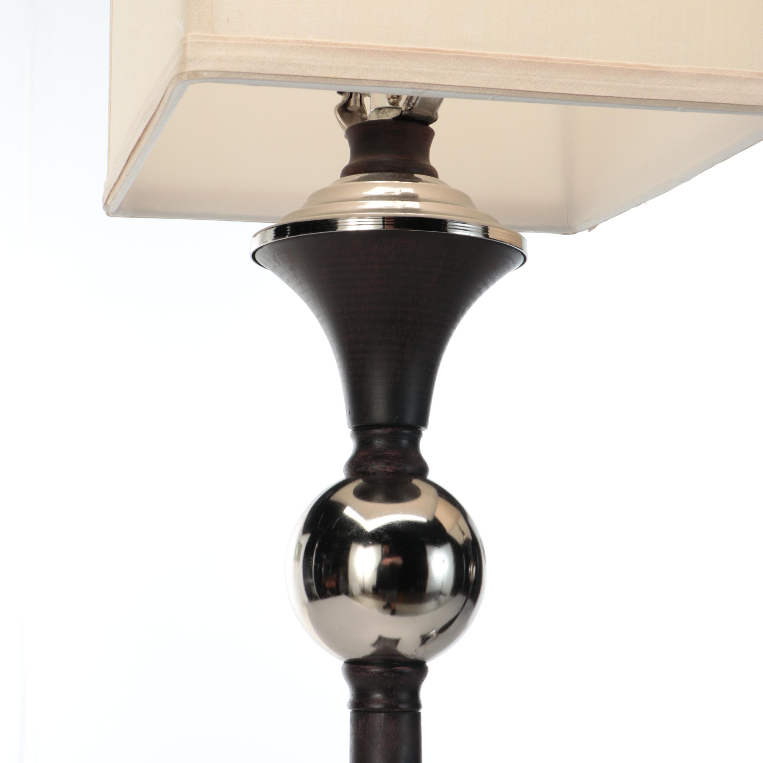 Uttermost "Valstrona" Chrome and Wood Console Lamps with Tall Cube Silk Shades