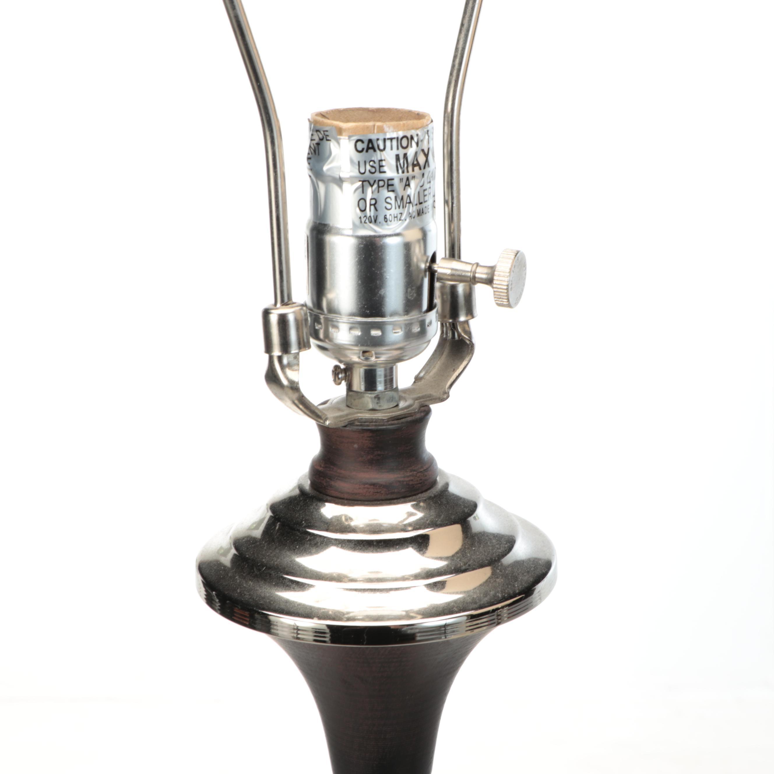 Uttermost "Valstrona" Chrome and Wood Console Lamps with Tall Cube Silk Shades