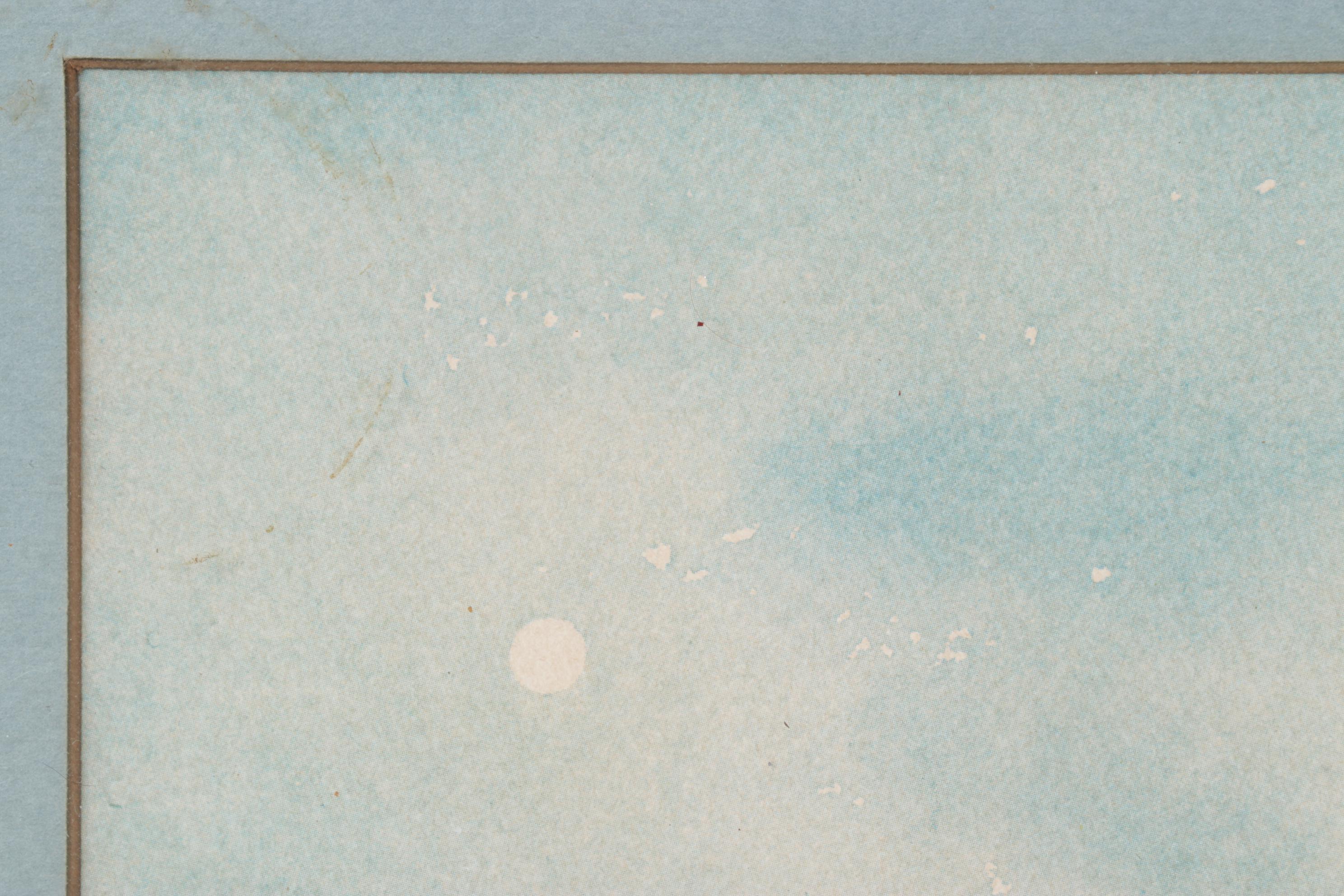 Blue Monochrome Scene of Fishermen in Open Sea Watercolor Offset Lithograph