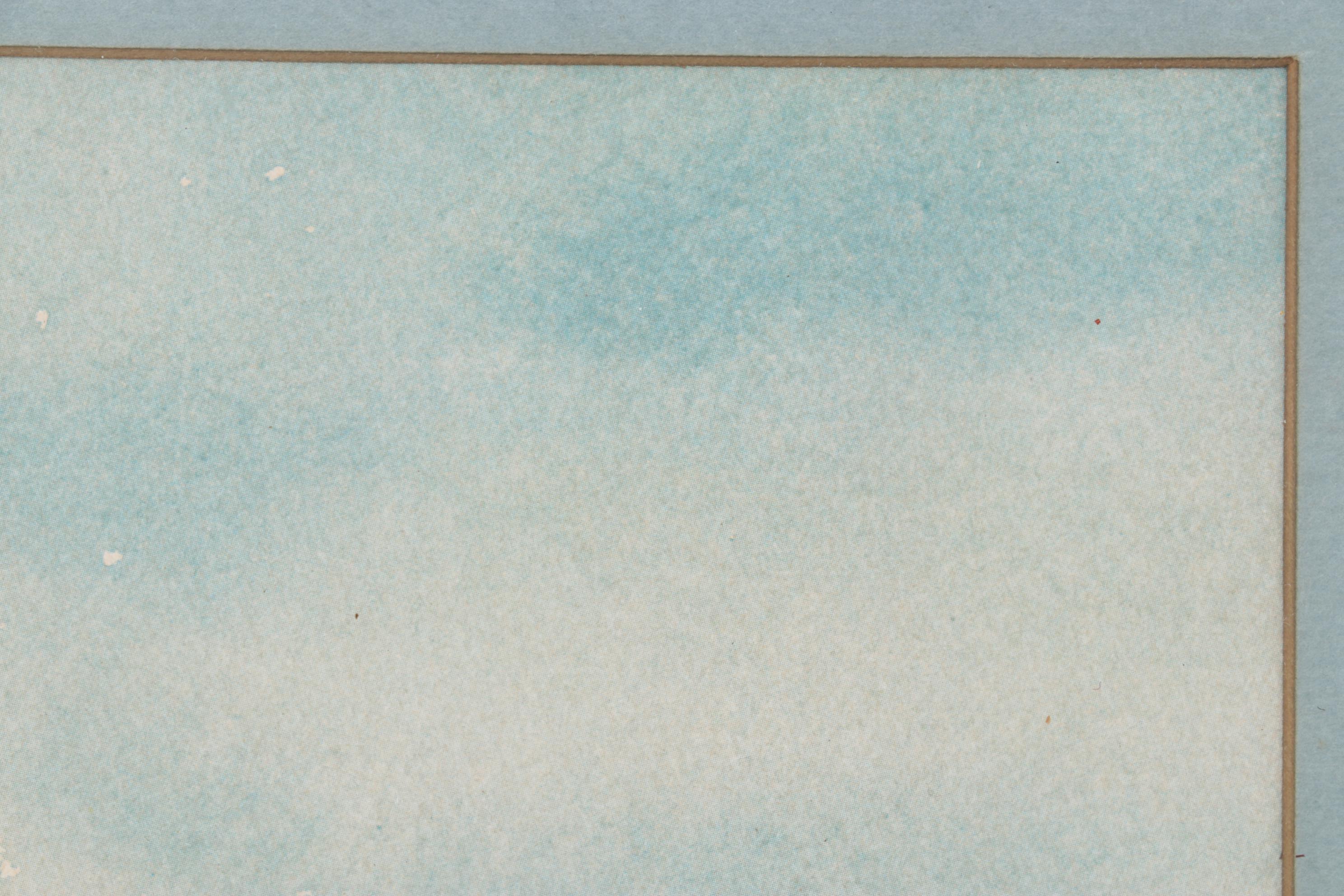 Blue Monochrome Scene of Fishermen in Open Sea Watercolor Offset Lithograph