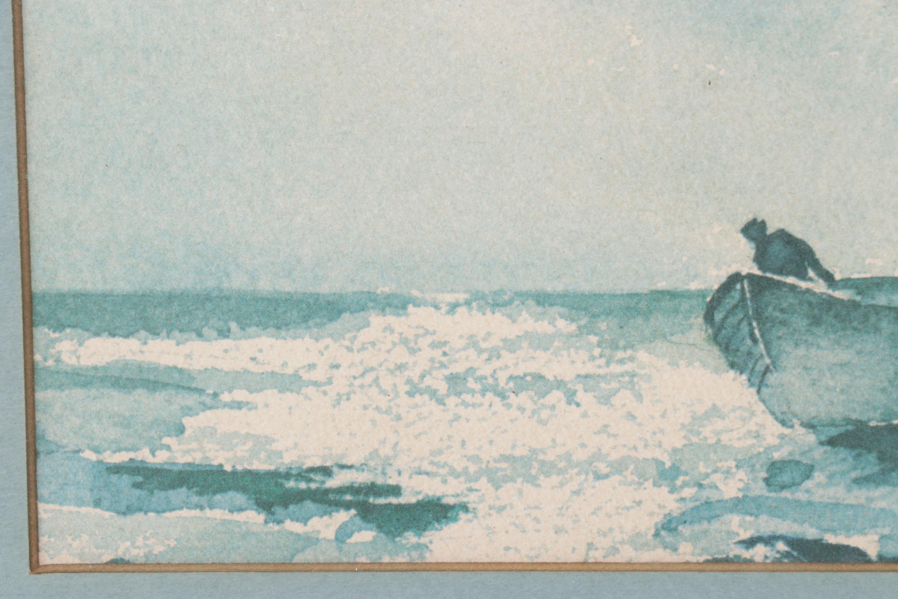 Blue Monochrome Scene of Fishermen in Open Sea Watercolor Offset Lithograph