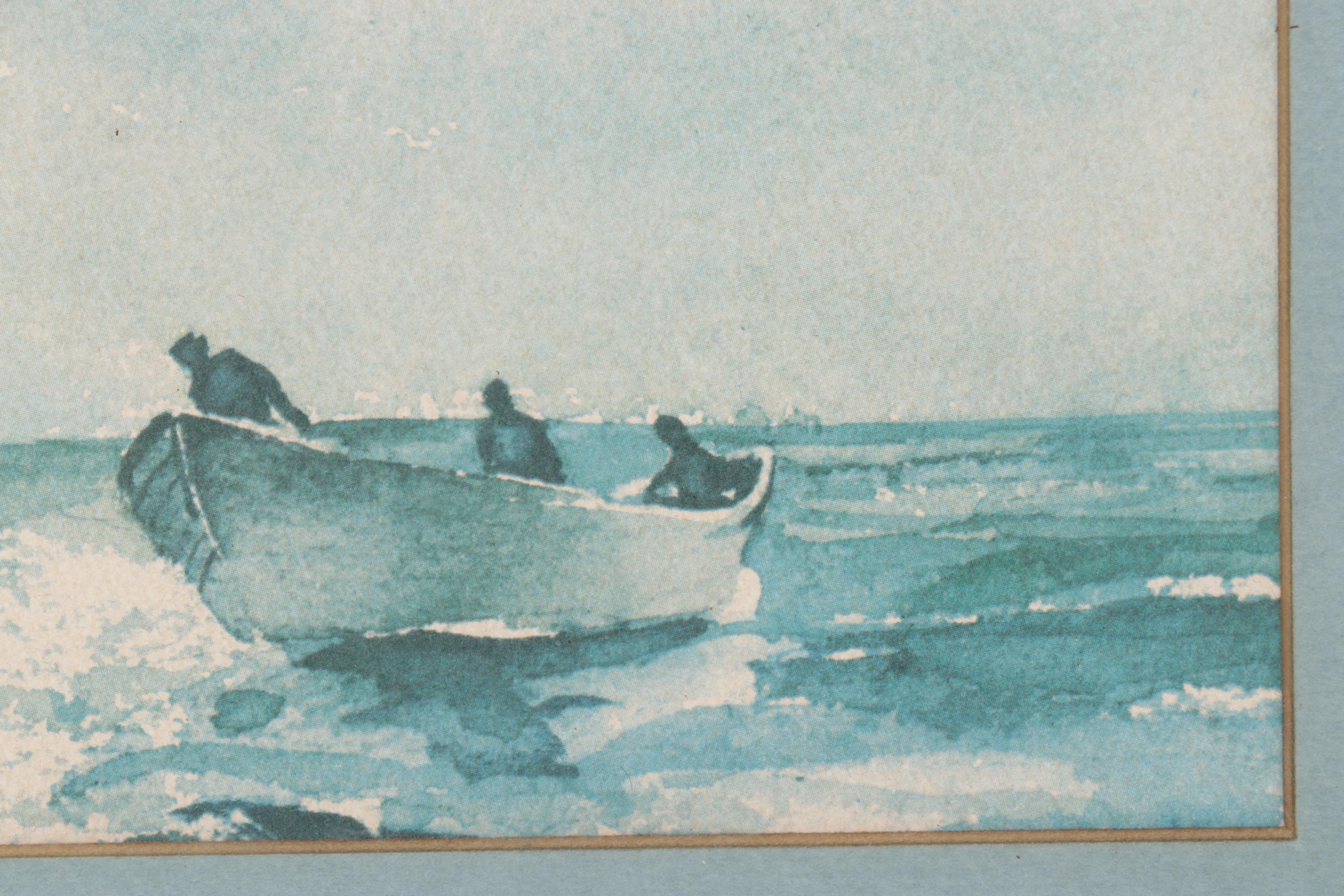 Blue Monochrome Scene of Fishermen in Open Sea Watercolor Offset Lithograph