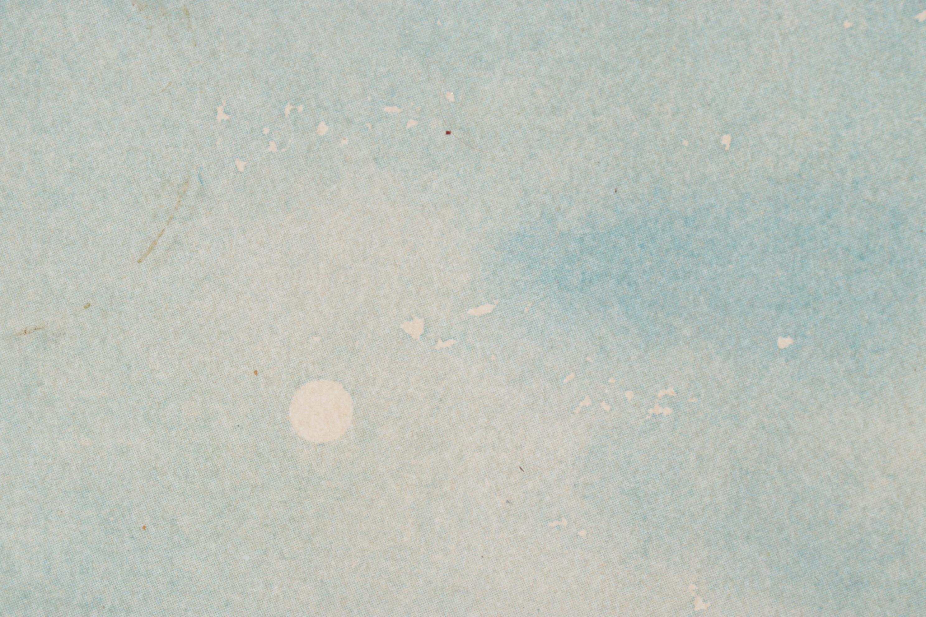 Blue Monochrome Scene of Fishermen in Open Sea Watercolor Offset Lithograph