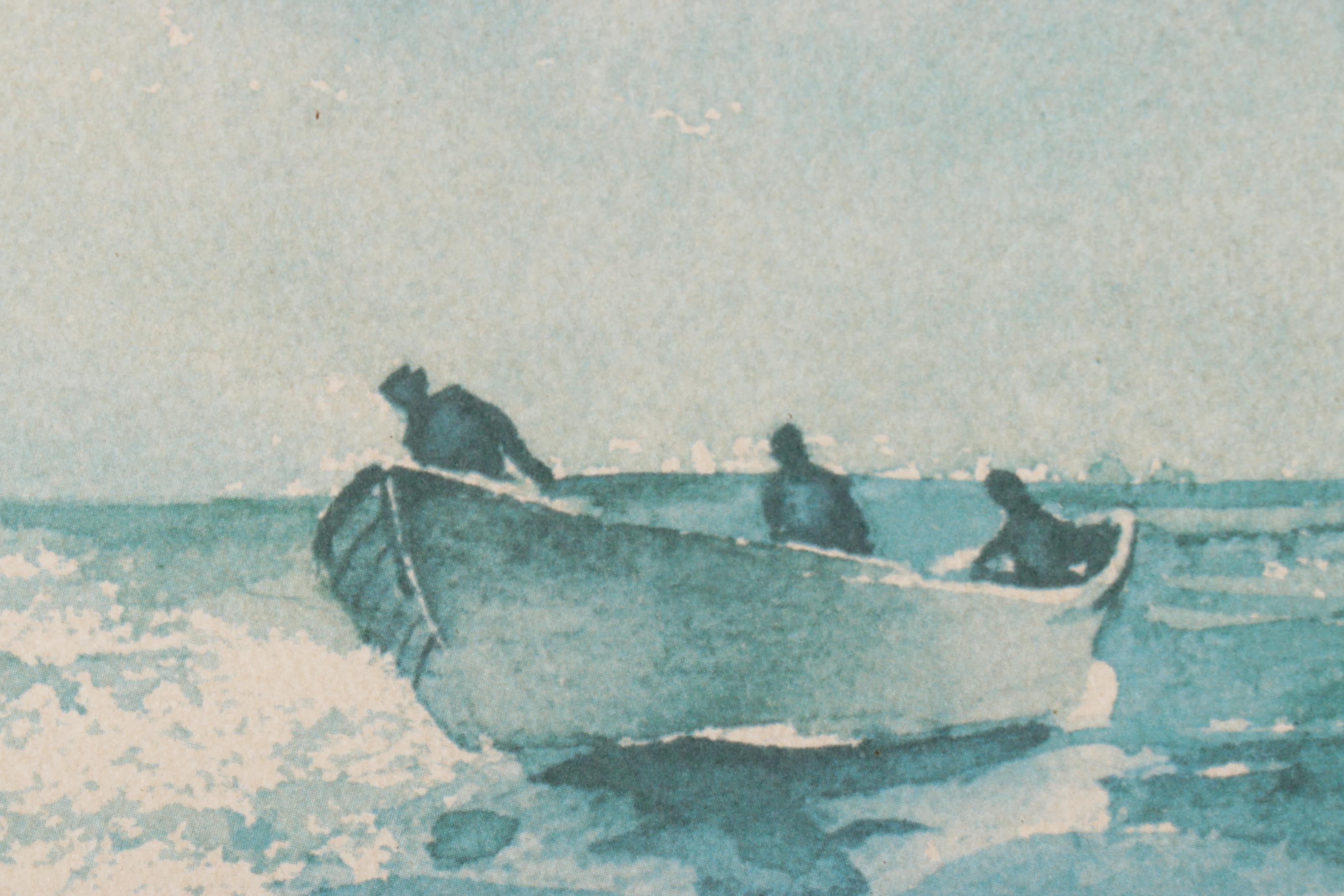 Blue Monochrome Scene of Fishermen in Open Sea Watercolor Offset Lithograph