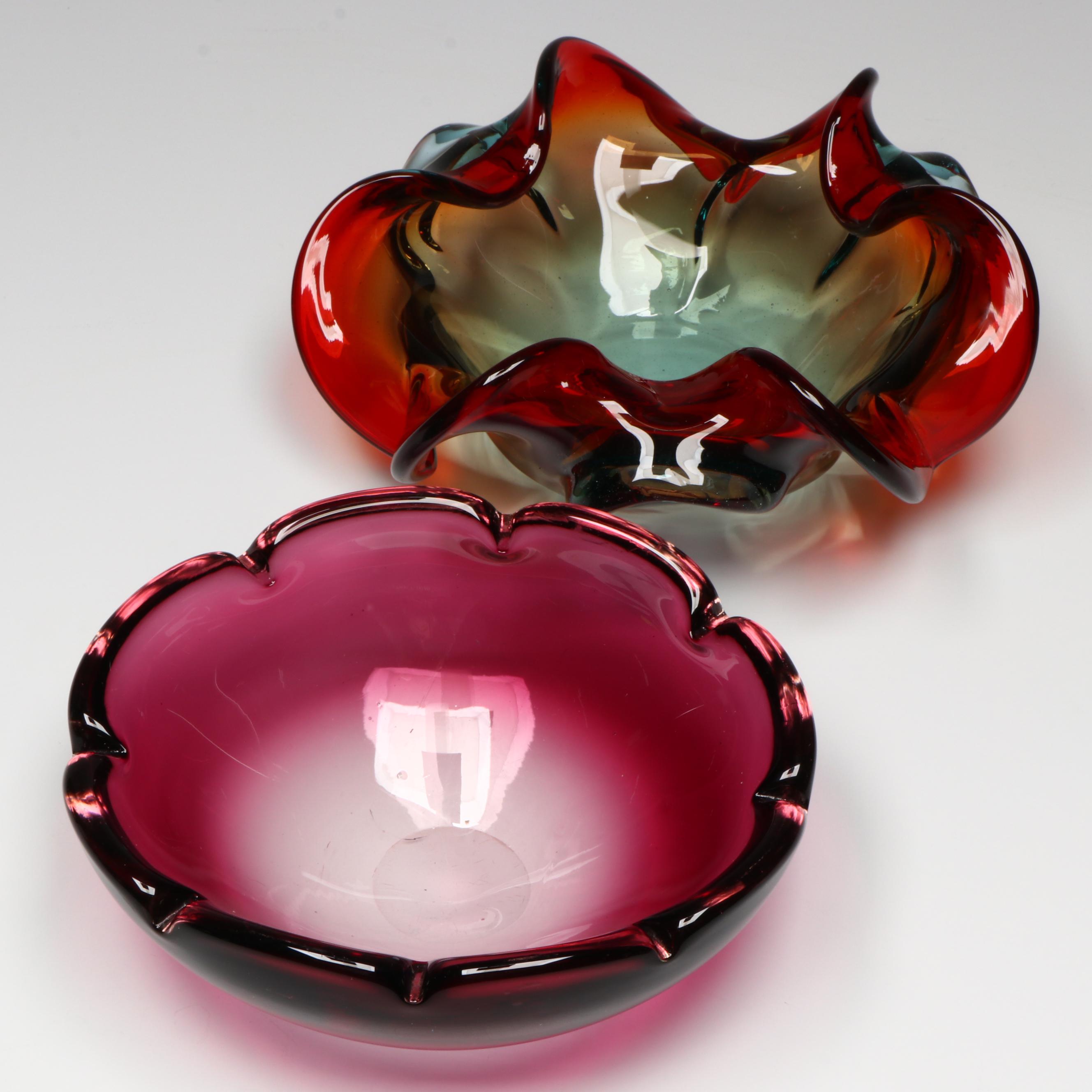 Murano Style Ruffled Multicolor and Cranberry Petal Edged Art Glass Bowls