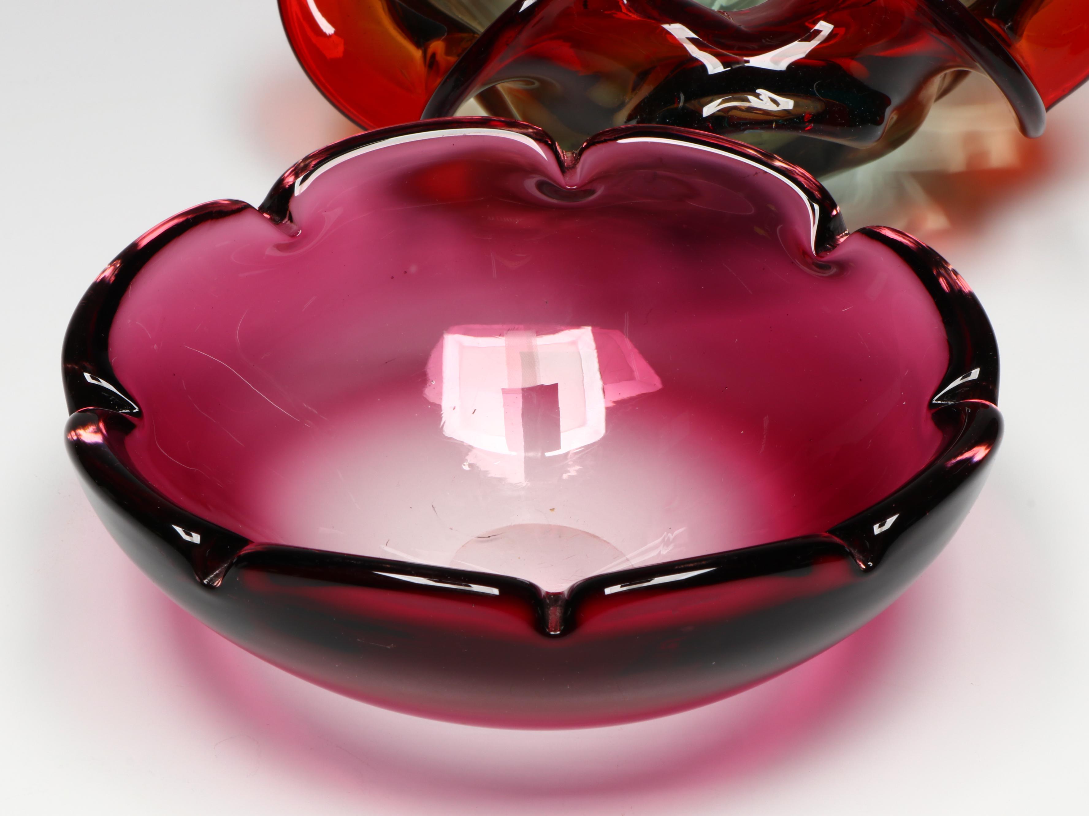 Murano Style Ruffled Multicolor and Cranberry Petal Edged Art Glass Bowls