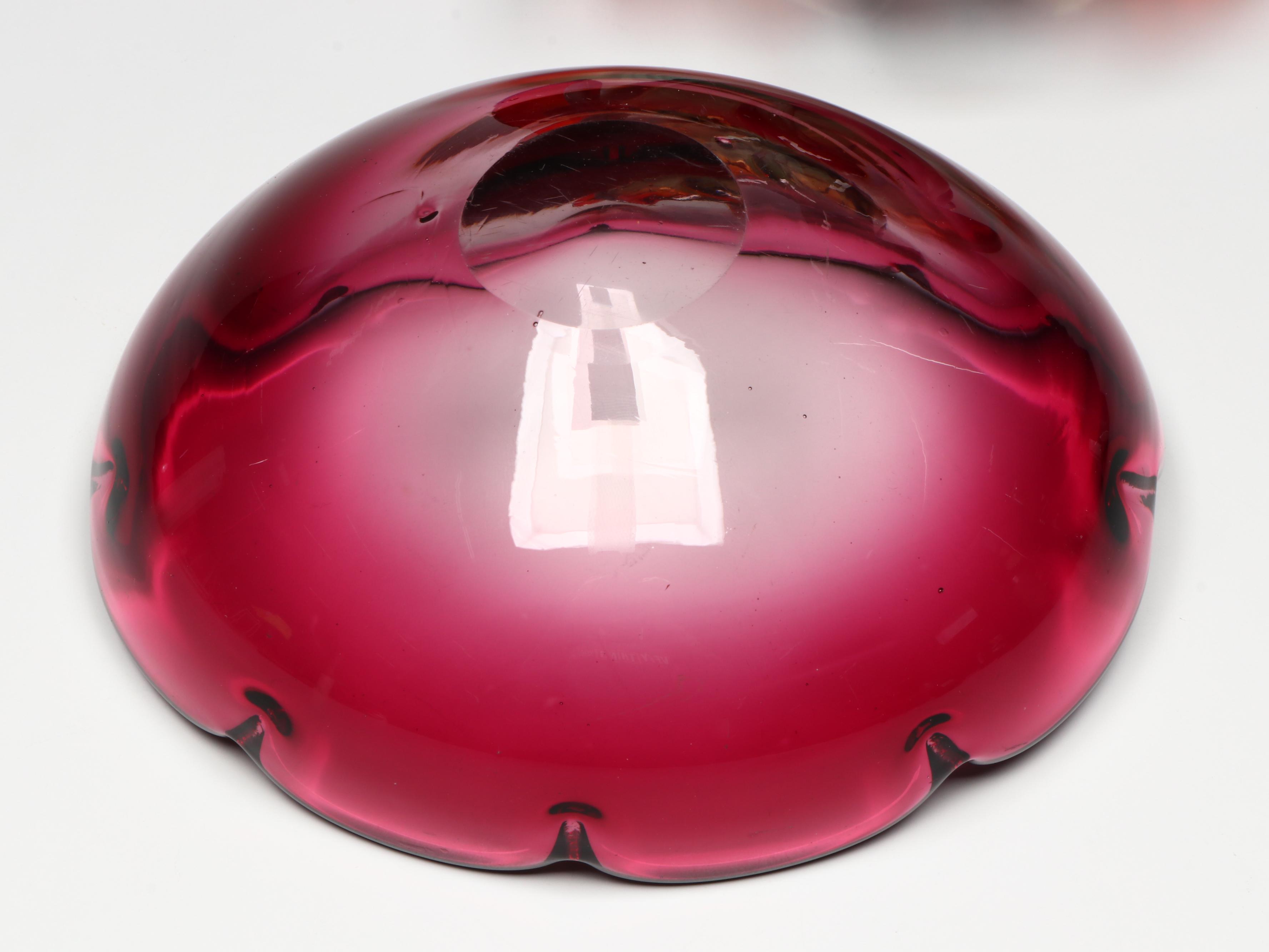 Murano Style Ruffled Multicolor and Cranberry Petal Edged Art Glass Bowls