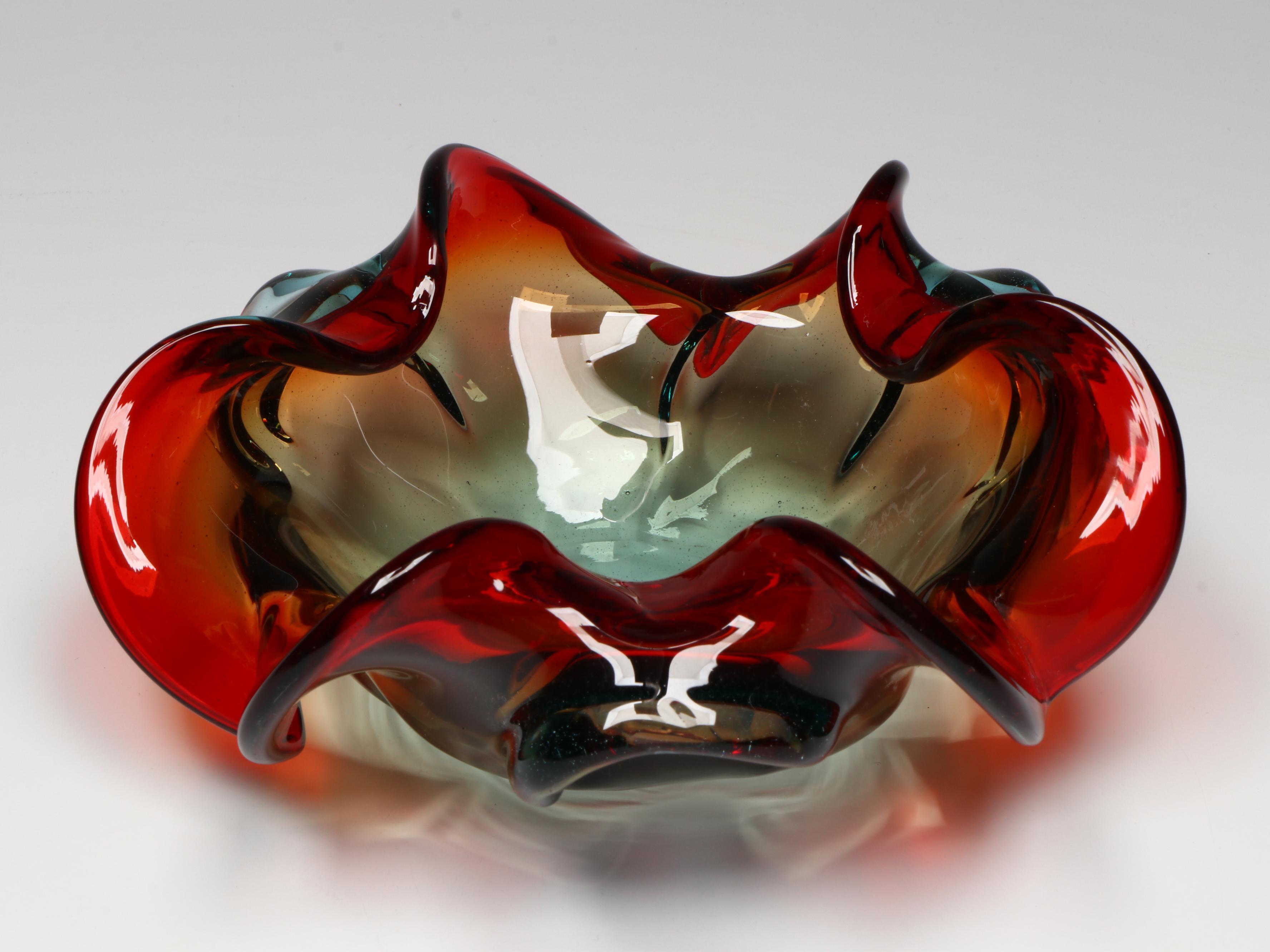 Murano Style Ruffled Multicolor and Cranberry Petal Edged Art Glass Bowls