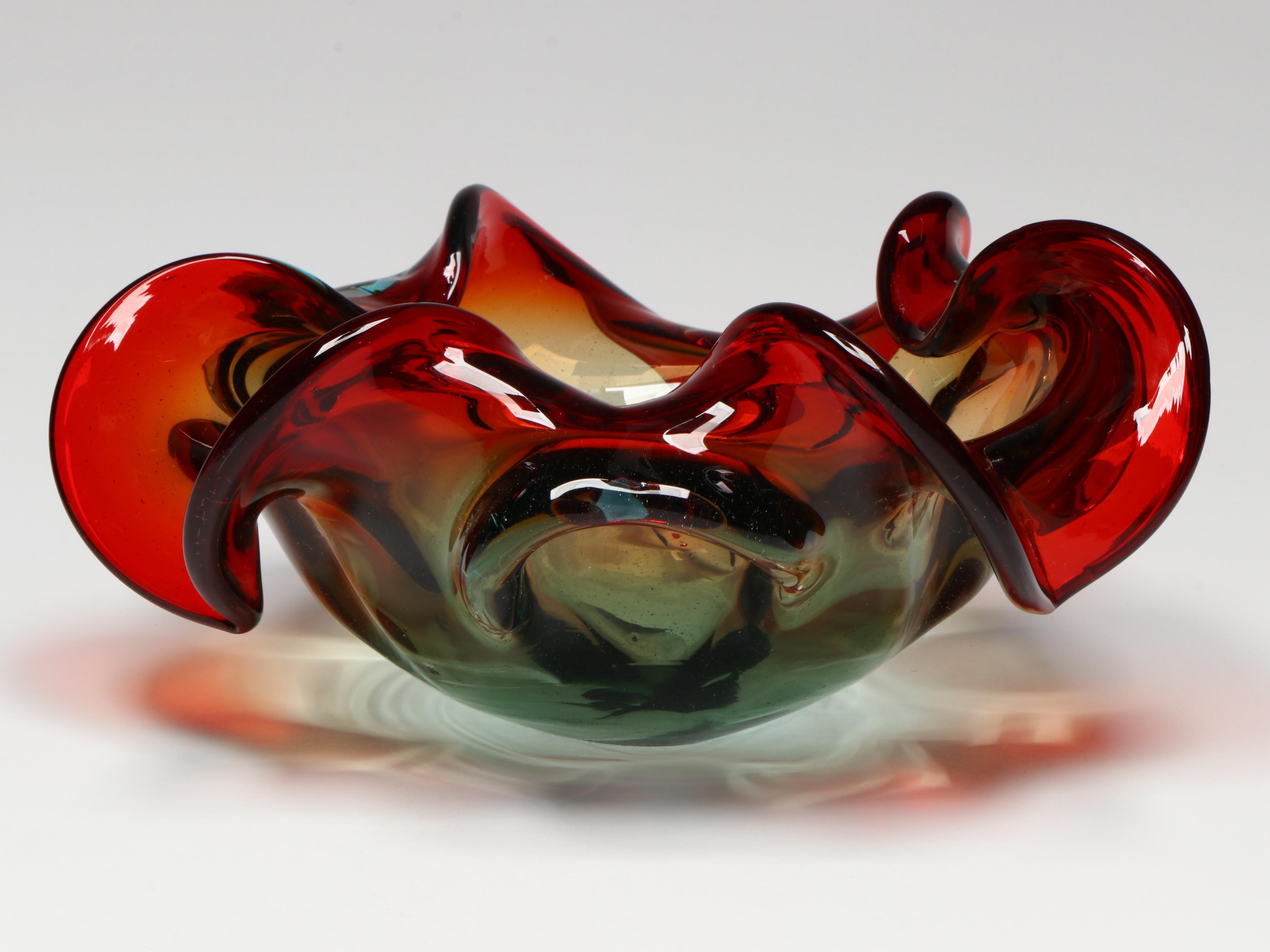 Murano Style Ruffled Multicolor and Cranberry Petal Edged Art Glass Bowls