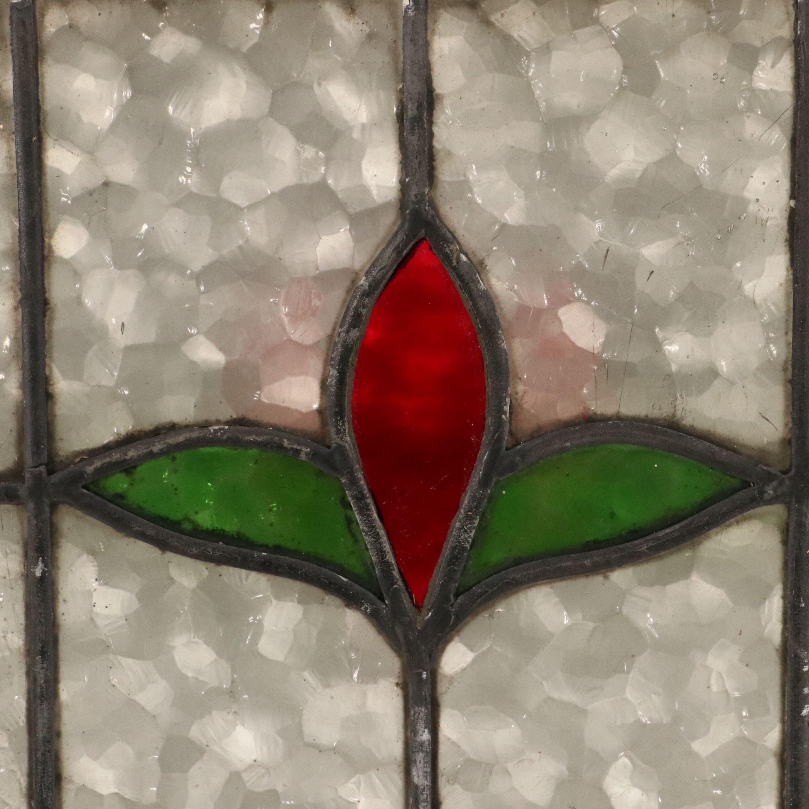 English Style Green and Red Stained Lead Glass Window Panel