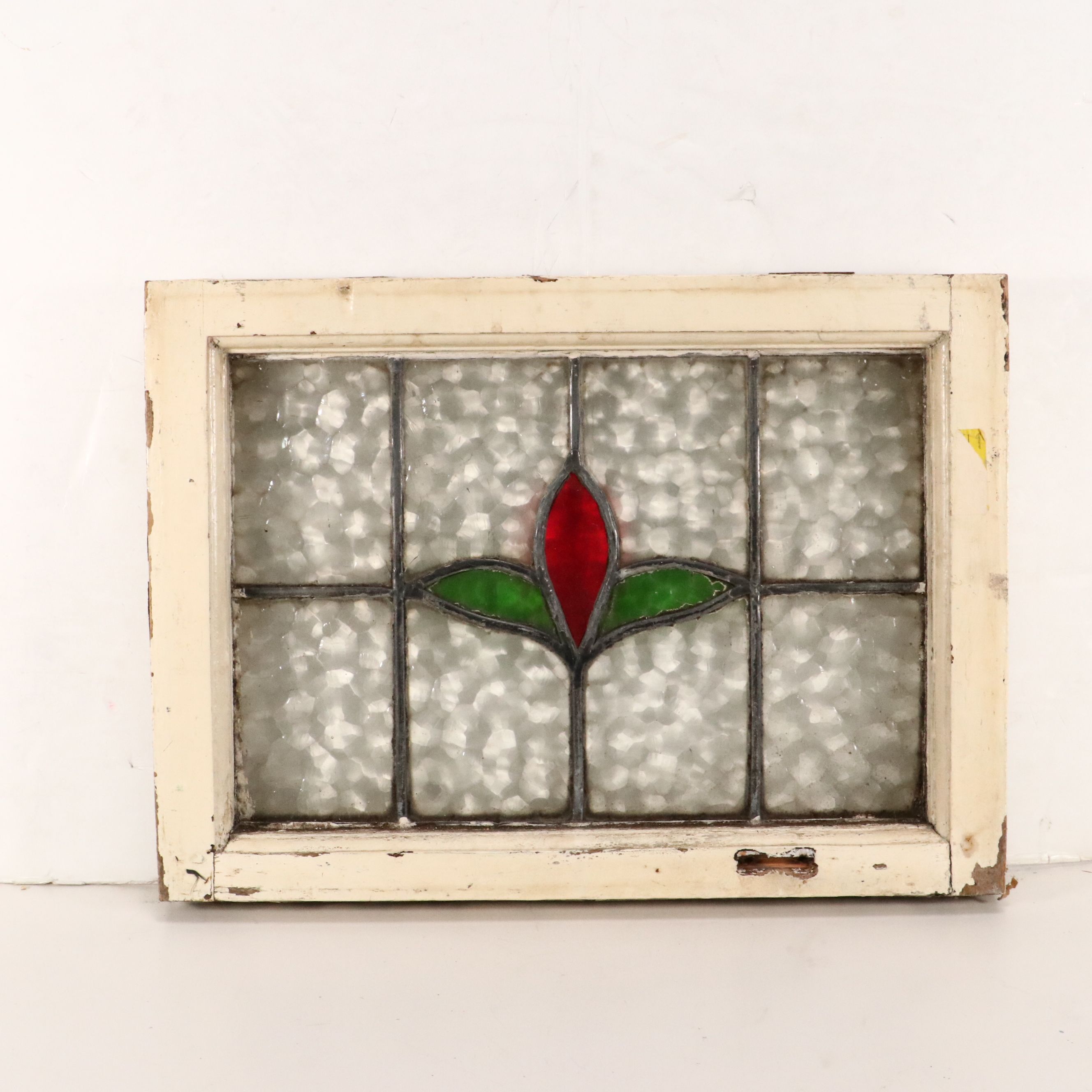 English Style Green and Red Stained Lead Glass Window Panel