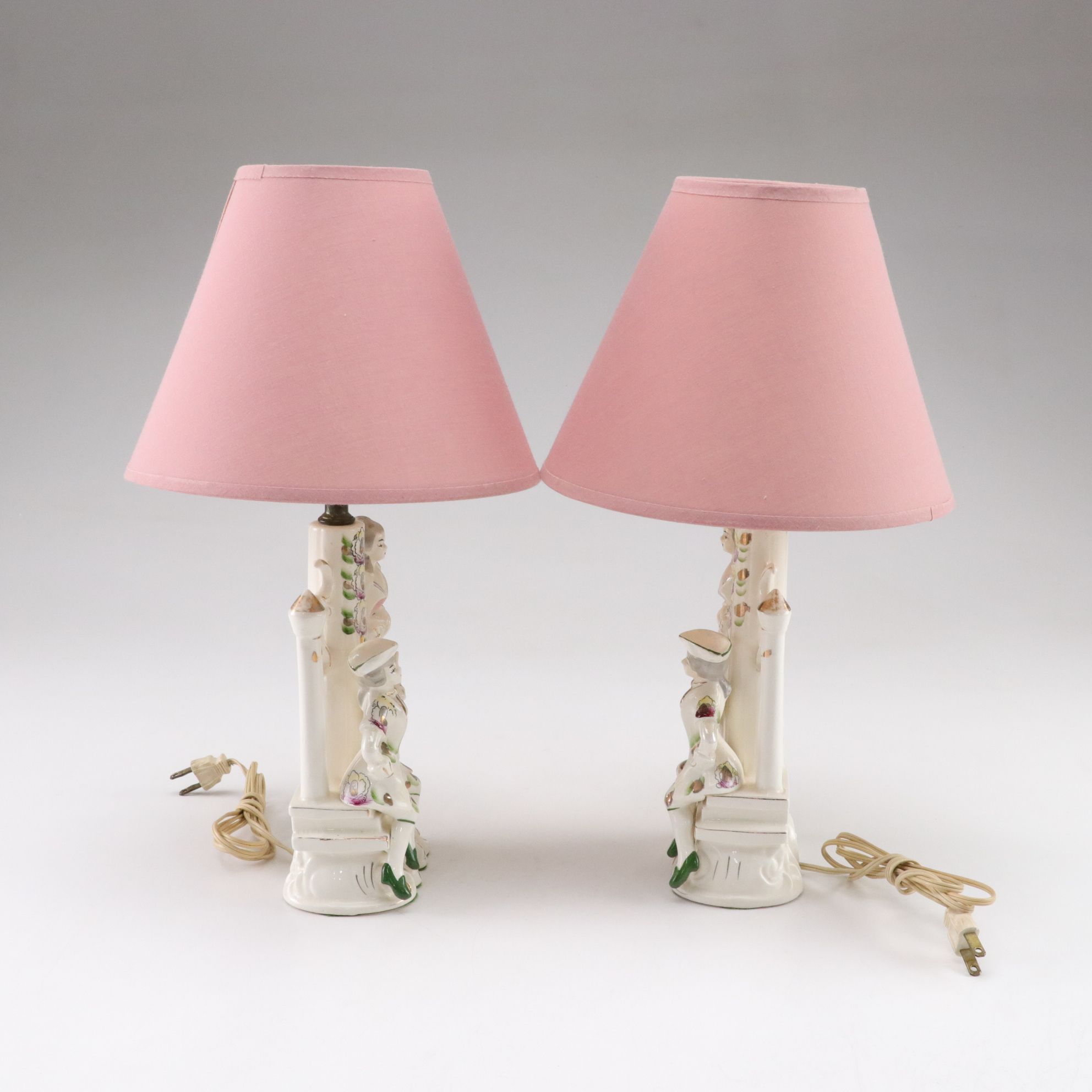 Victorian Style Colonial Couple Gilt Porcelain Figural Lamps in Pair