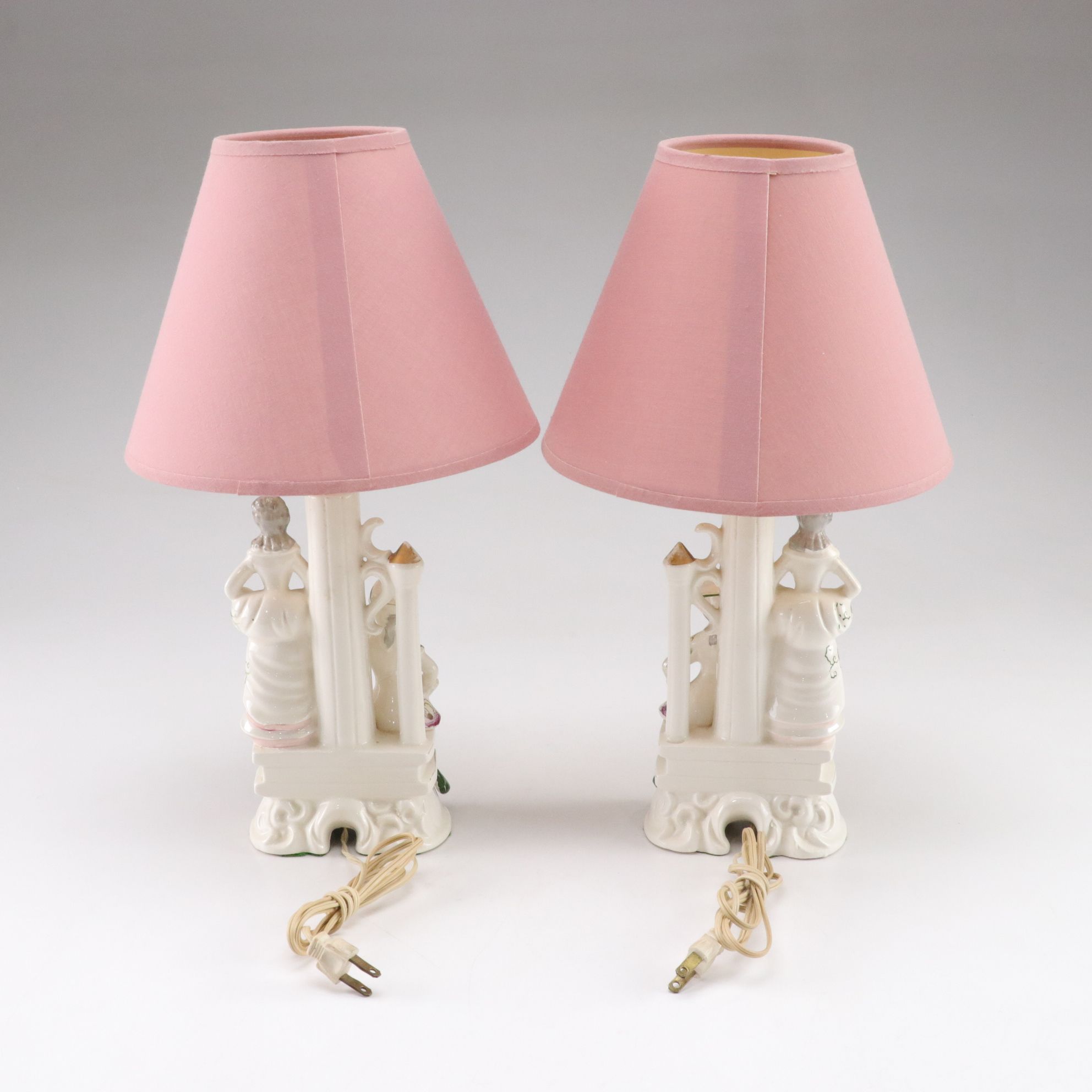 Victorian Style Colonial Couple Gilt Porcelain Figural Lamps in Pair
