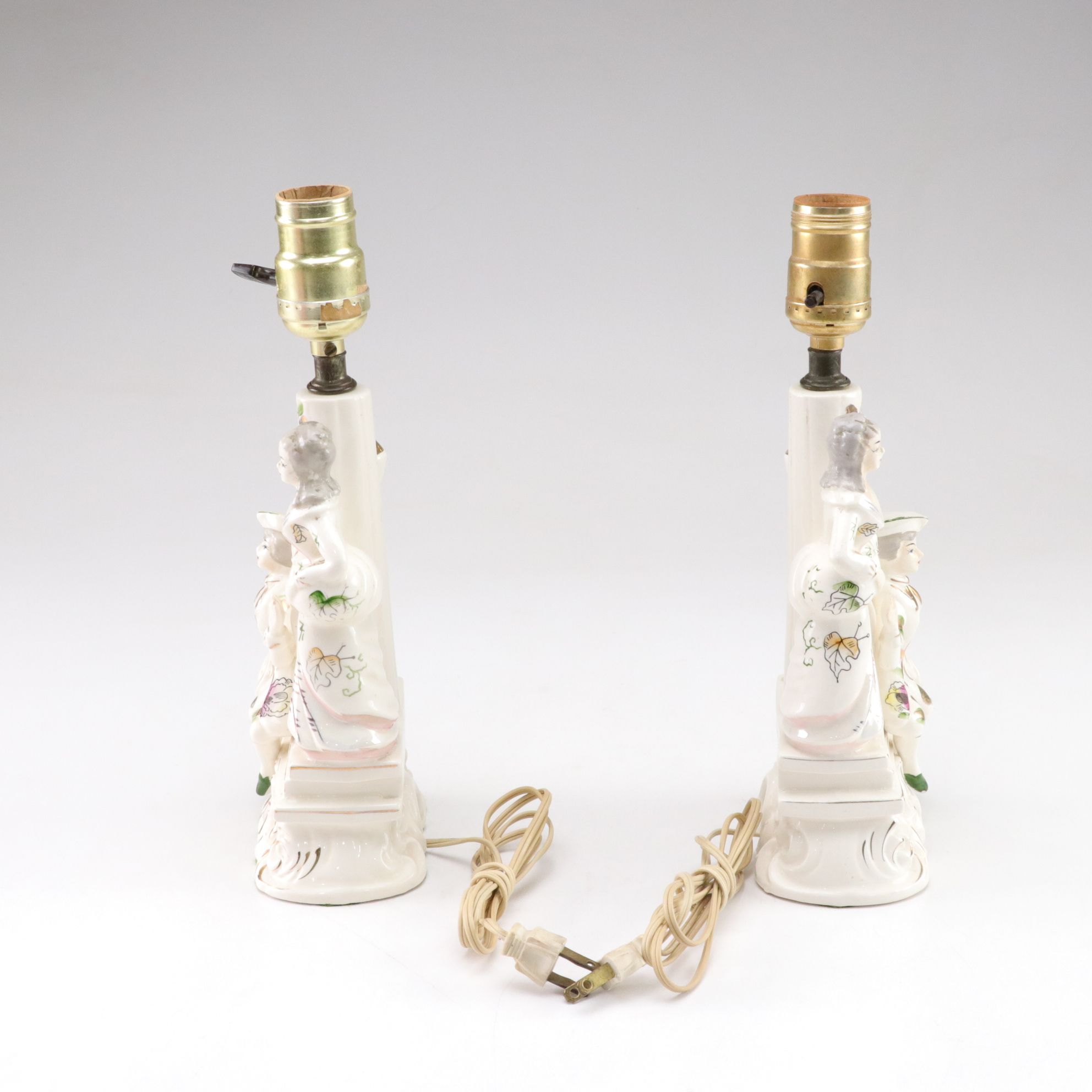 Victorian Style Colonial Couple Gilt Porcelain Figural Lamps in Pair