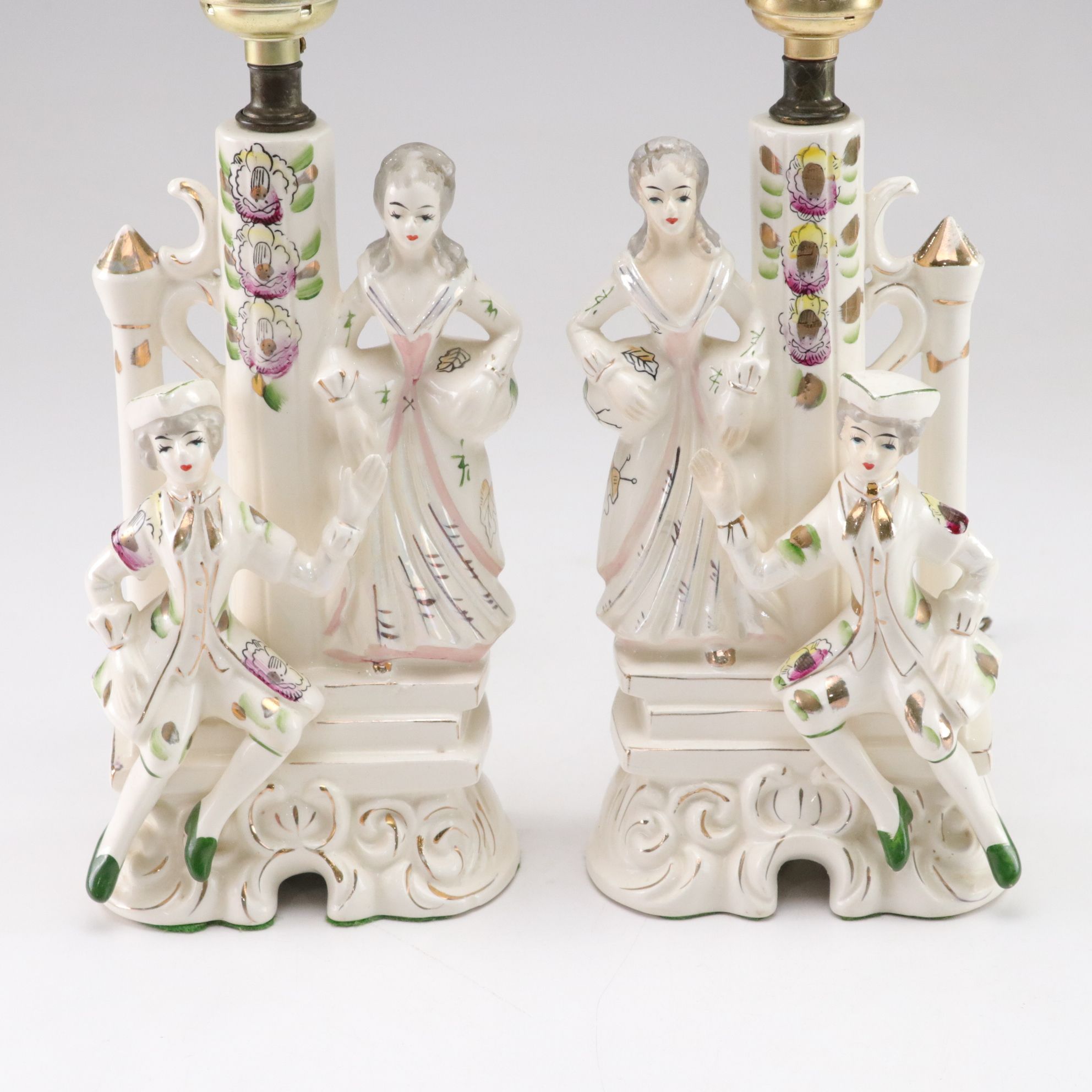 Victorian Style Colonial Couple Gilt Porcelain Figural Lamps in Pair
