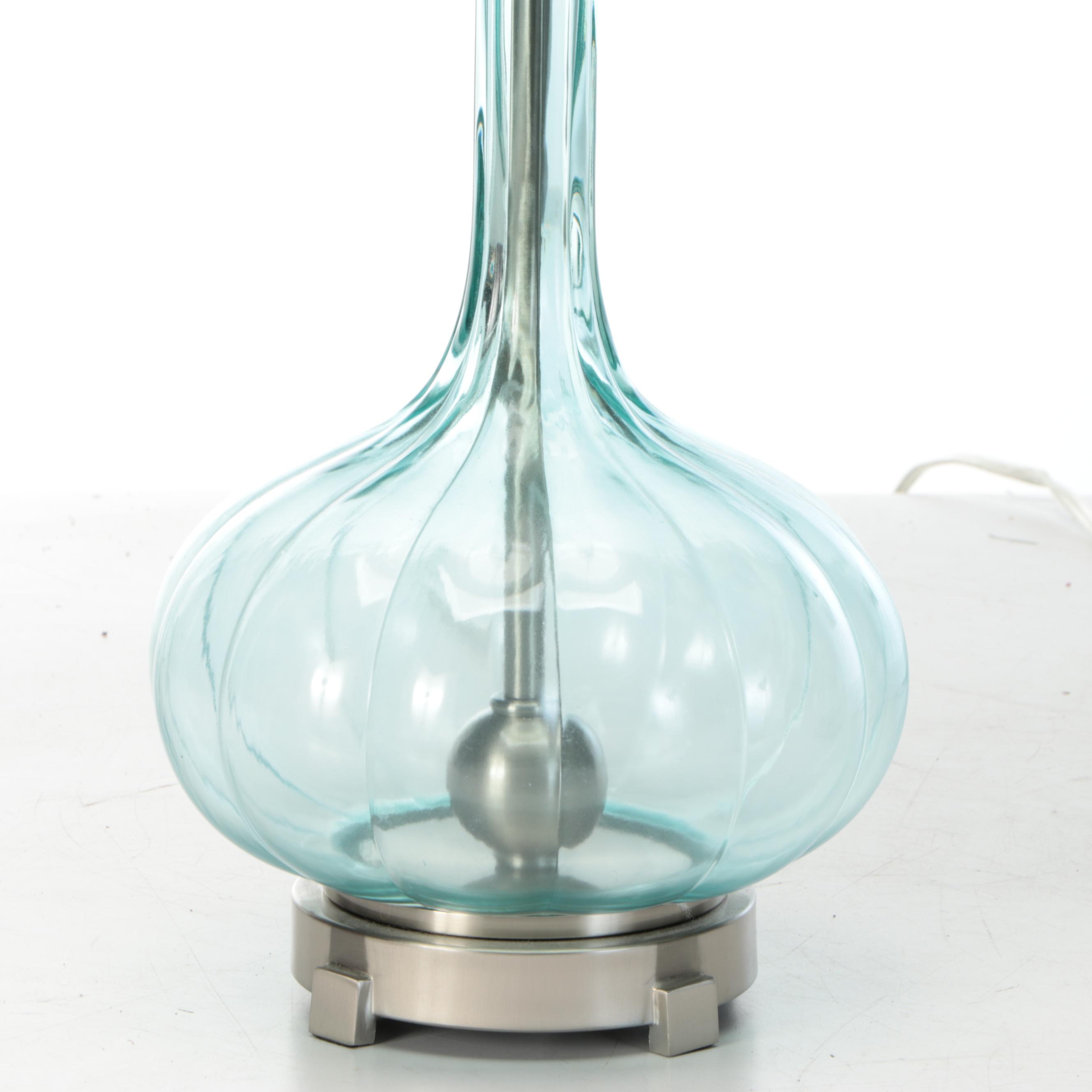 Aqua Glass and Satin Nickel Console Lamps with Double Lined Drum Shades