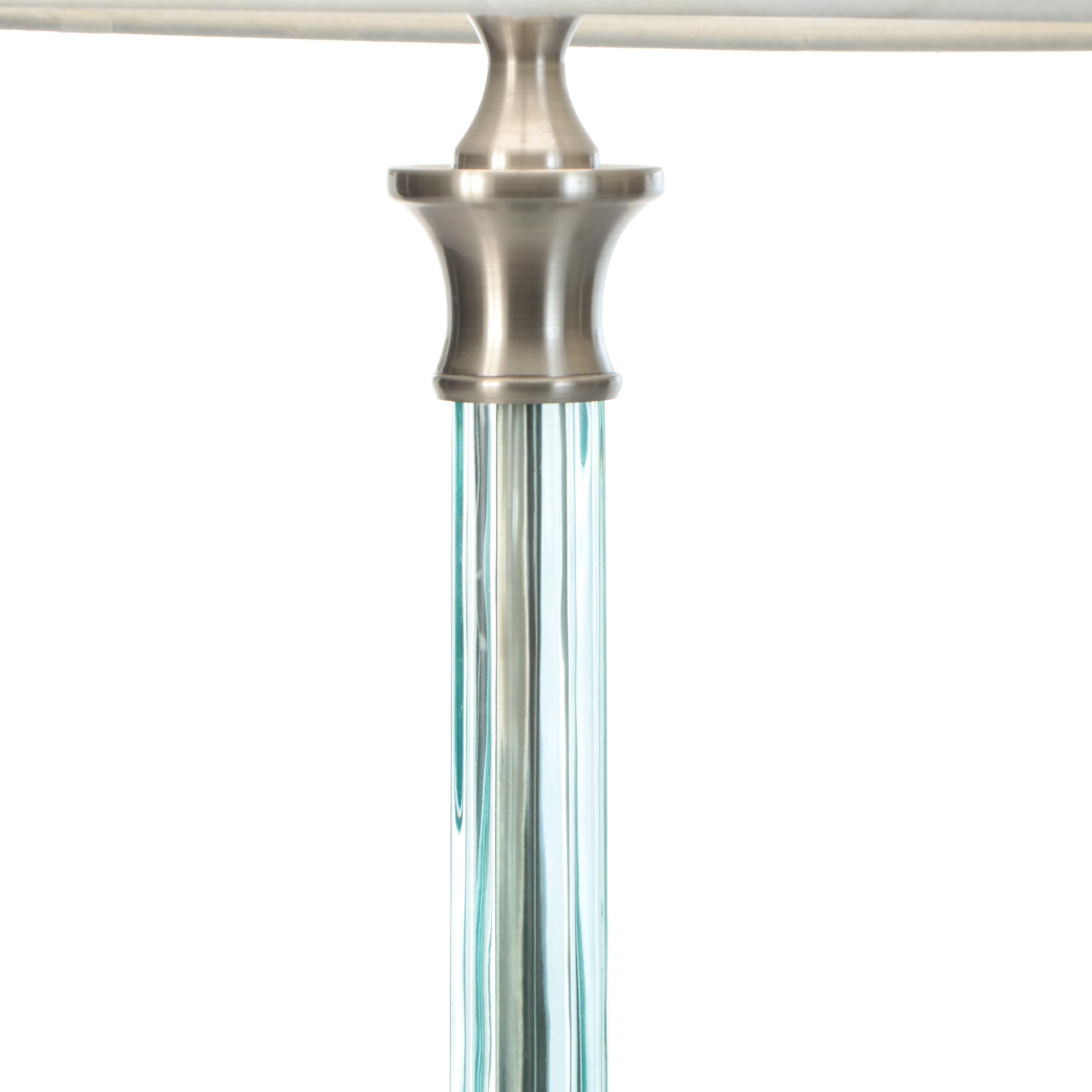 Aqua Glass and Satin Nickel Console Lamps with Double Lined Drum Shades