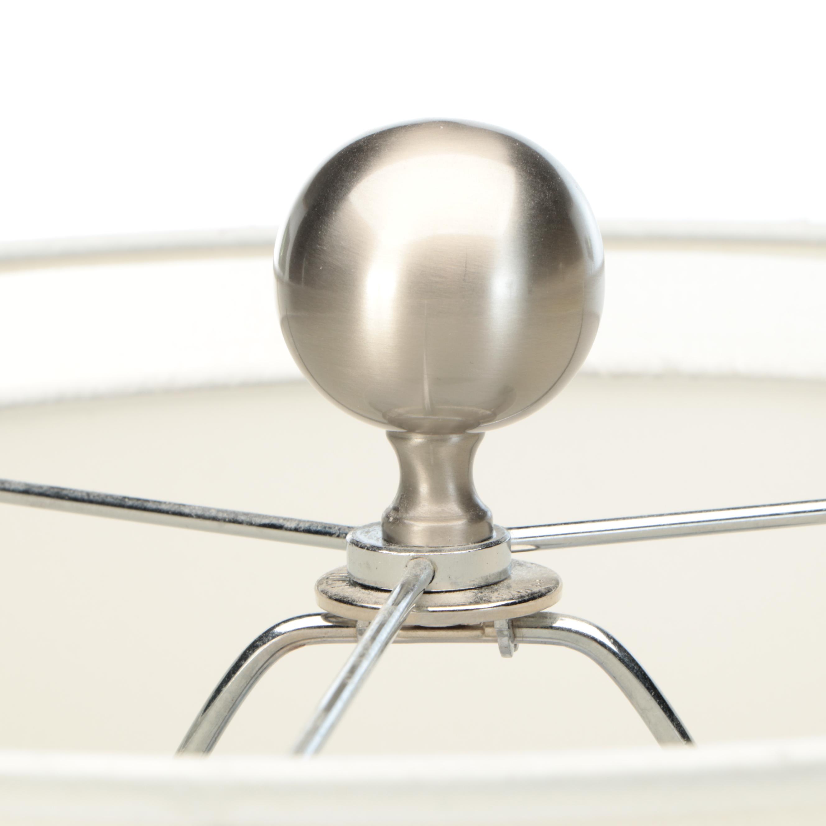 Aqua Glass and Satin Nickel Console Lamps with Double Lined Drum Shades