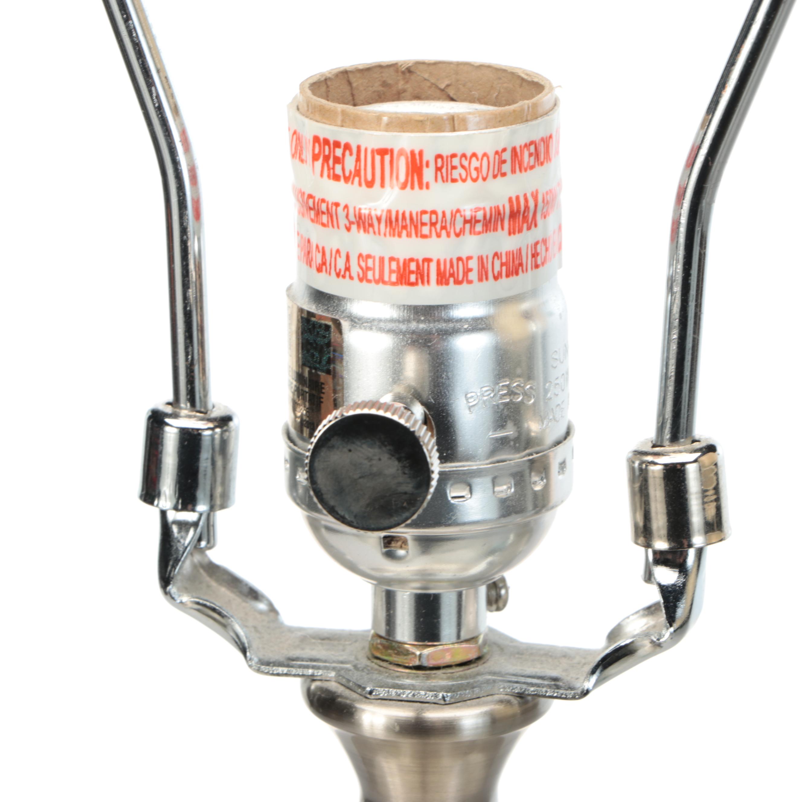 Aqua Glass and Satin Nickel Console Lamps with Double Lined Drum Shades