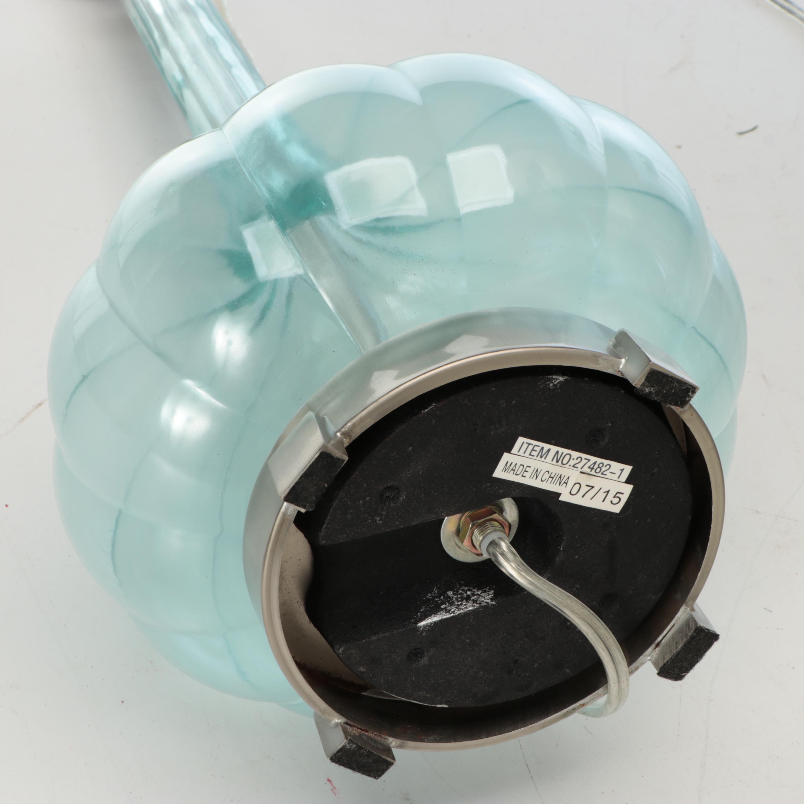 Aqua Glass and Satin Nickel Console Lamps with Double Lined Drum Shades