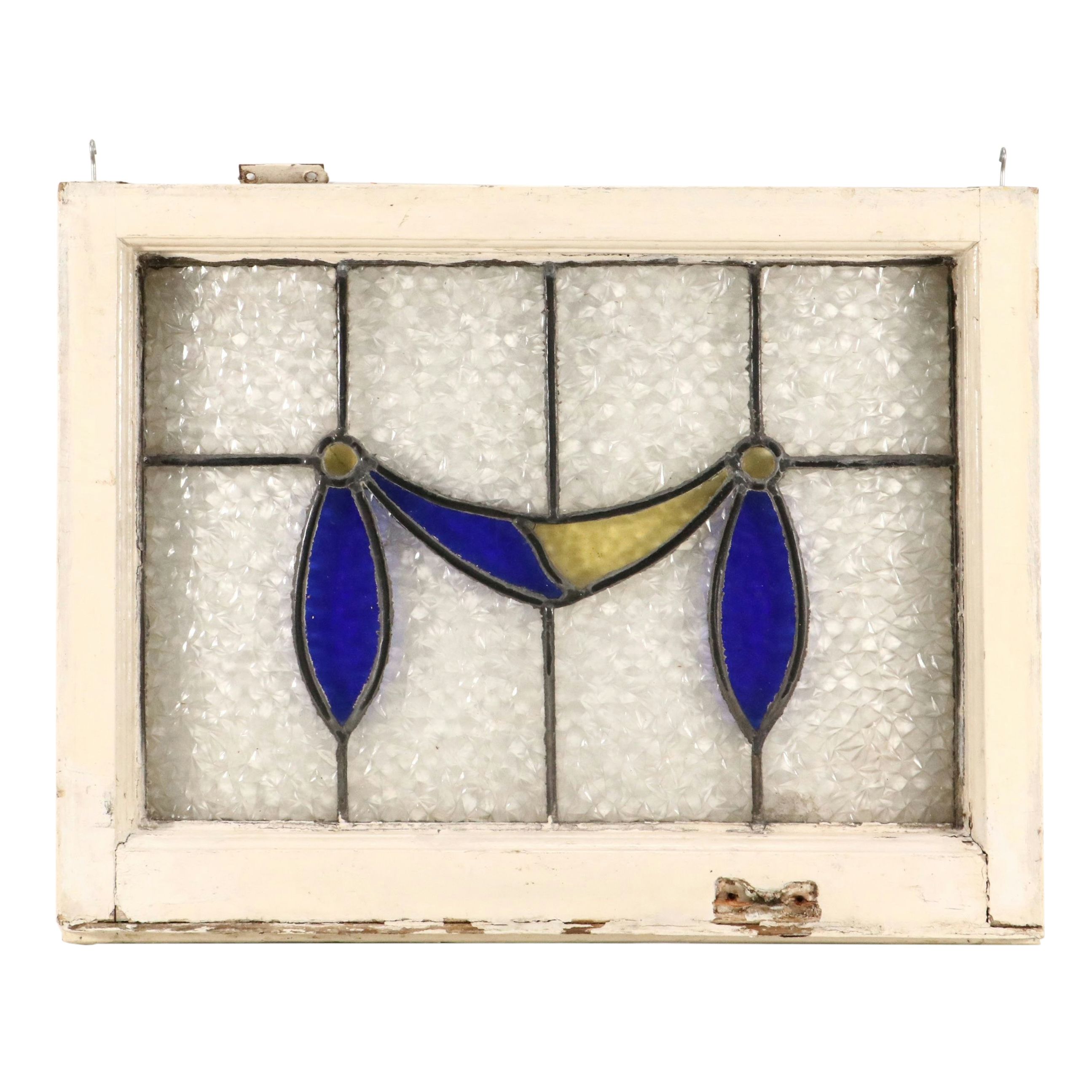 Framed Arts & Crafts Style Blue and Yellow Swag Stained Glass Window Panel