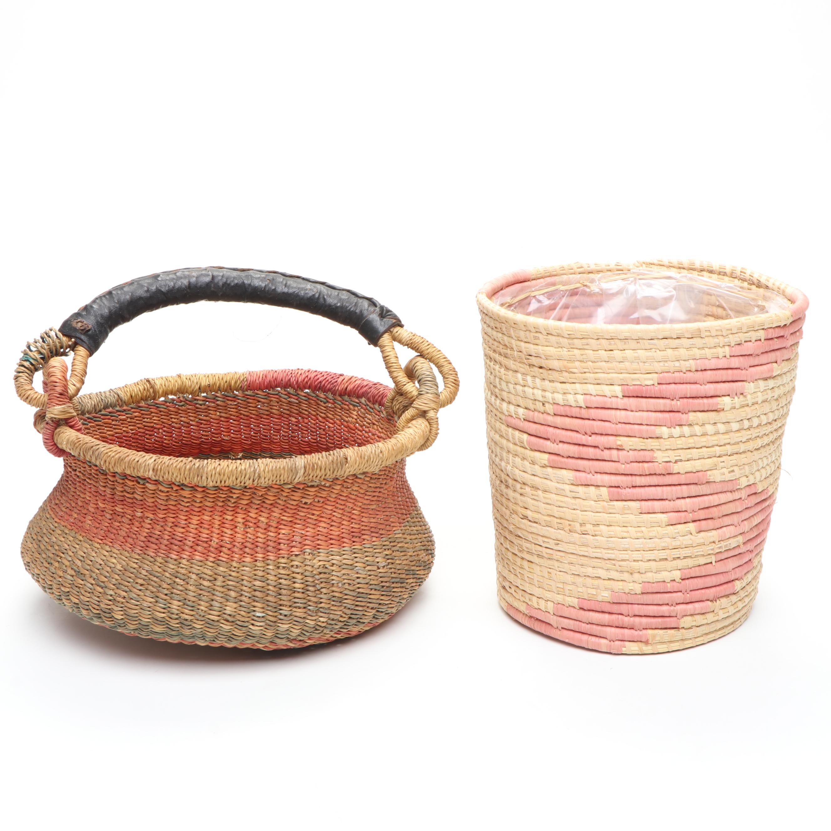 Ethiopian Muday Handwoven Colored Tray, Ghana Bolga Basket, Uganda Coiled Basket