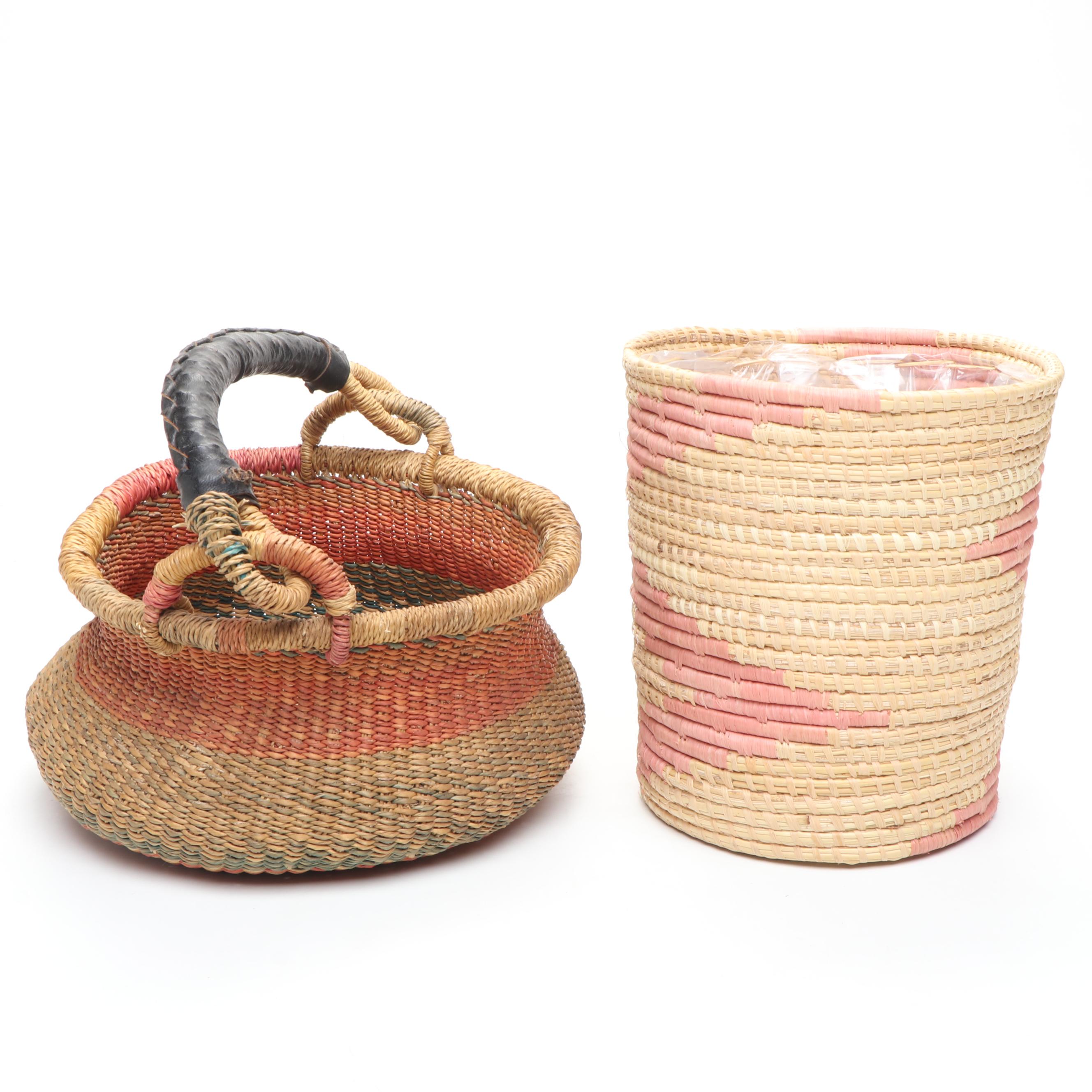 Ethiopian Muday Handwoven Colored Tray, Ghana Bolga Basket, Uganda Coiled Basket