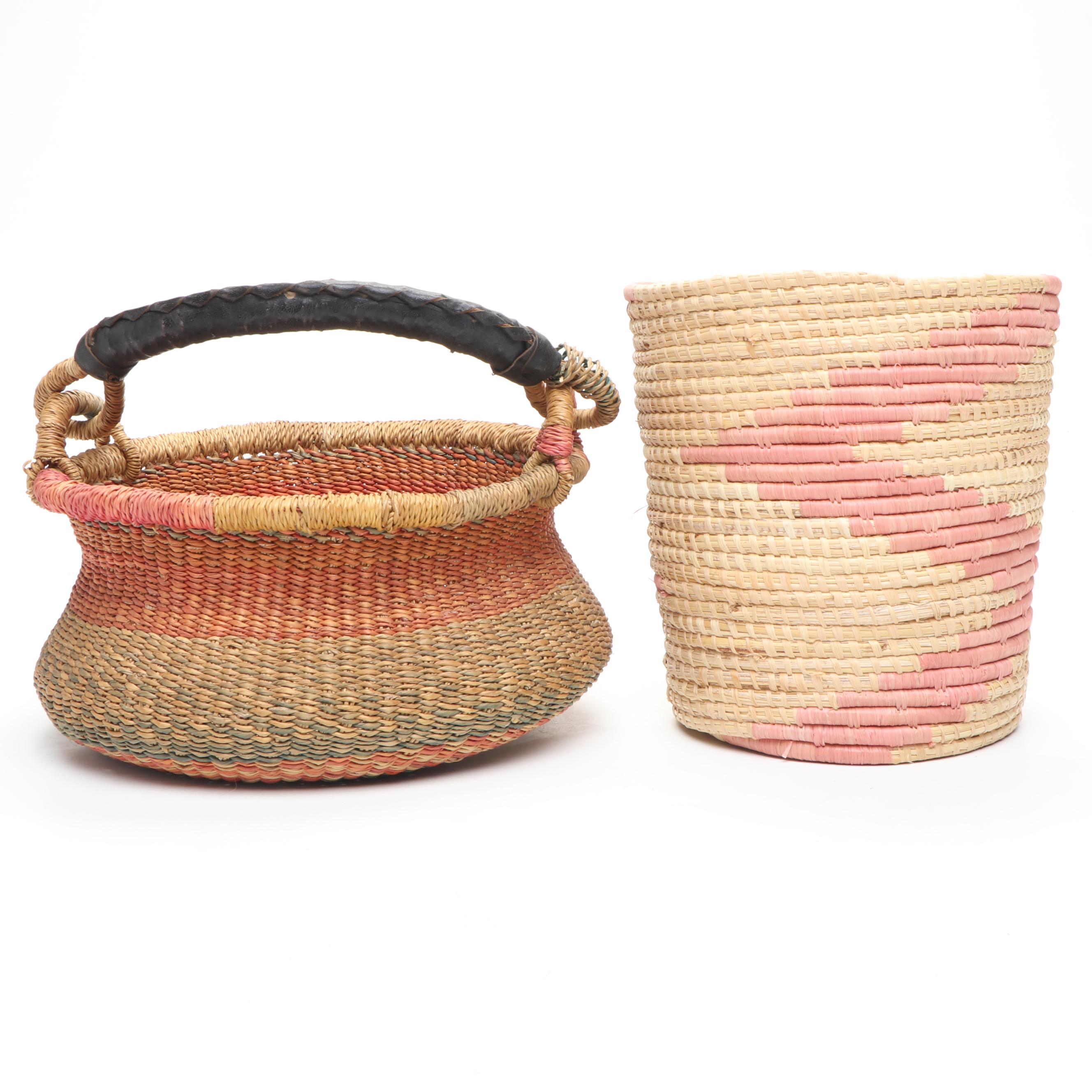 Ethiopian Muday Handwoven Colored Tray, Ghana Bolga Basket, Uganda Coiled Basket