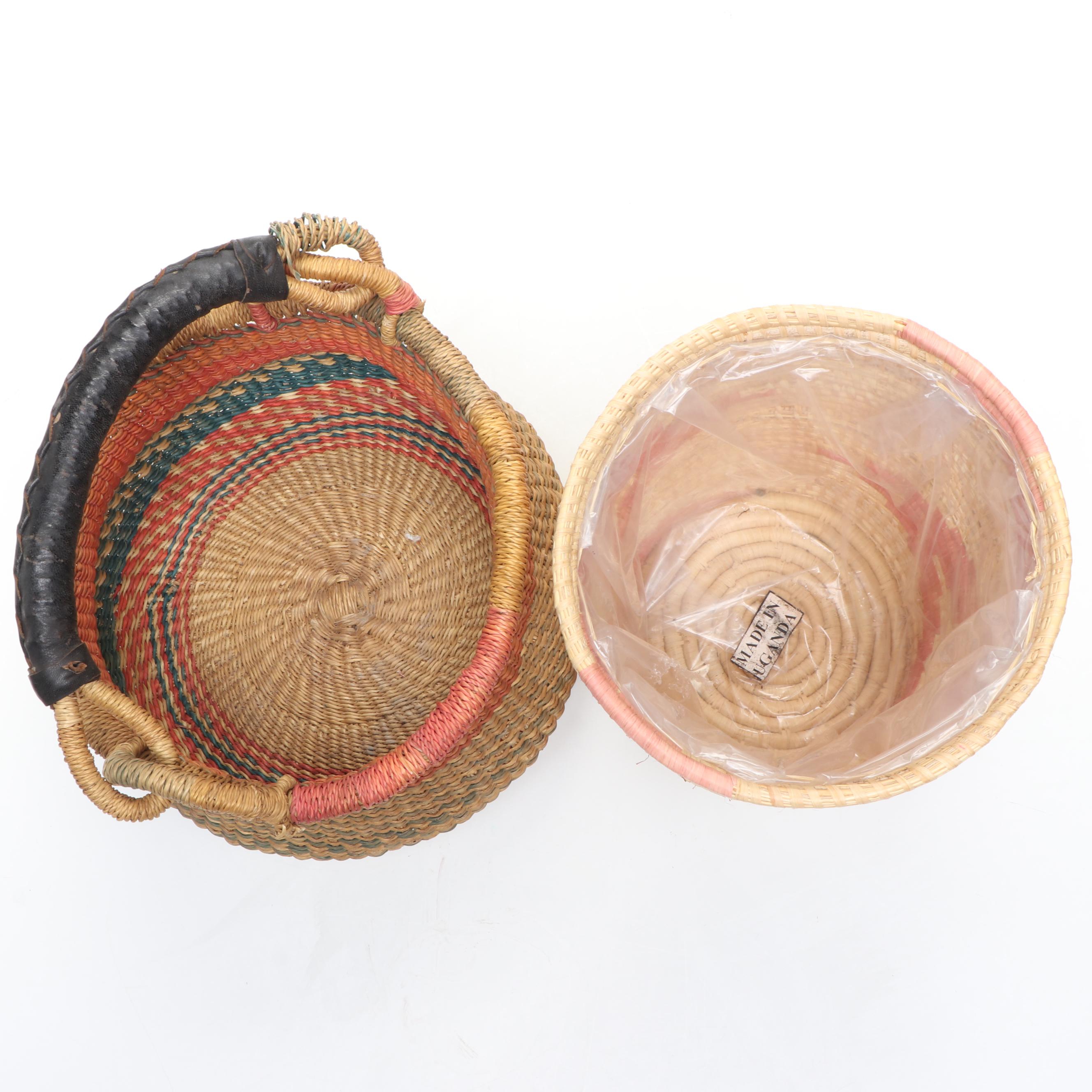 Ethiopian Muday Handwoven Colored Tray, Ghana Bolga Basket, Uganda Coiled Basket