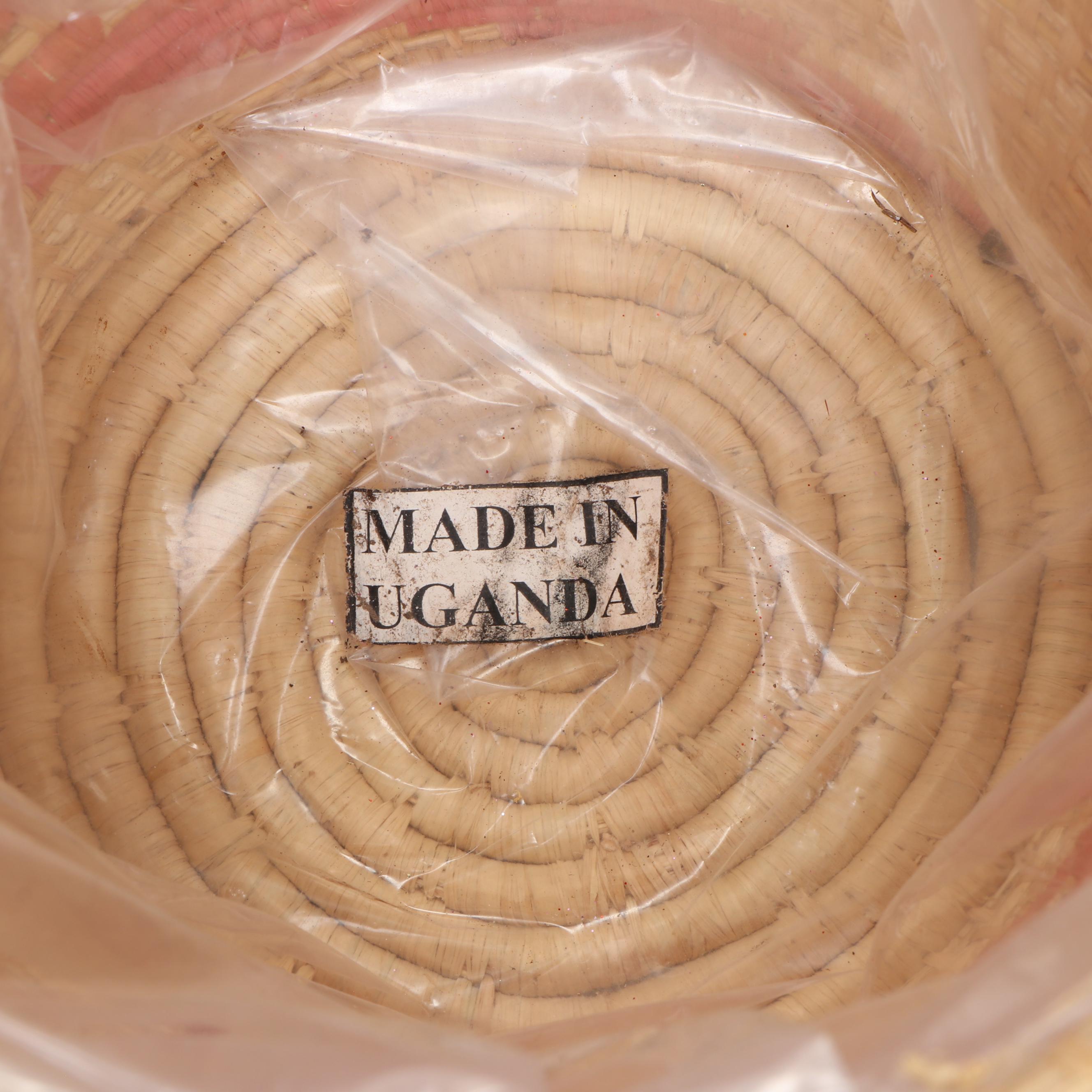 Ethiopian Muday Handwoven Colored Tray, Ghana Bolga Basket, Uganda Coiled Basket